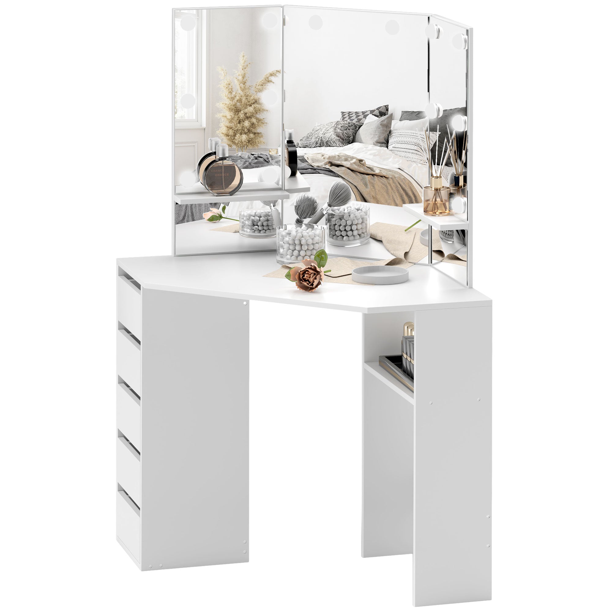 Makeup Vanity Desk with 3-Panel Mirror and 10 LED Lights, Dressing Table with 5 Drawers and Shelves for Bedroom, White Dressing & Vanity Tables at Gallery Canada