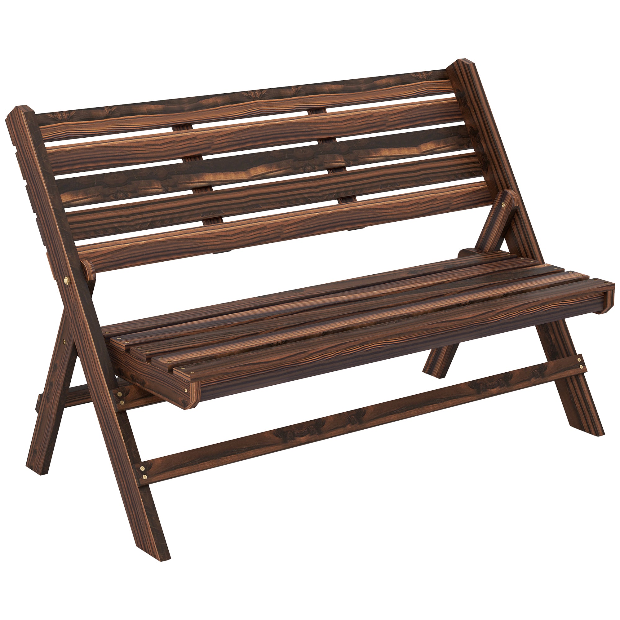 2-Seater Wooden Outdoor Bench, Foldable Garden Bench with Slatted Backrest and Seat, Patio Loveseat, Carbonised Finish Outdoor Benches Carbonised Finish at Gallery Canada
