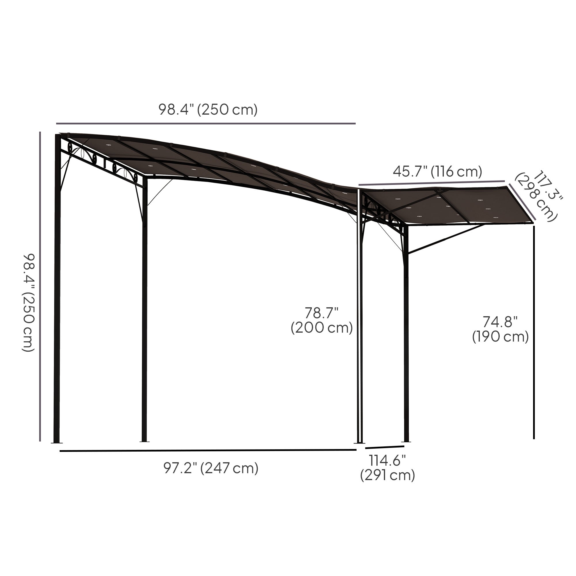 10x8ft Patio Metal Gazebo with Extendable Side Awning, Outdoor Shelter Shade Canopy Deck Awning, Brown Pergolas at Gallery Canada