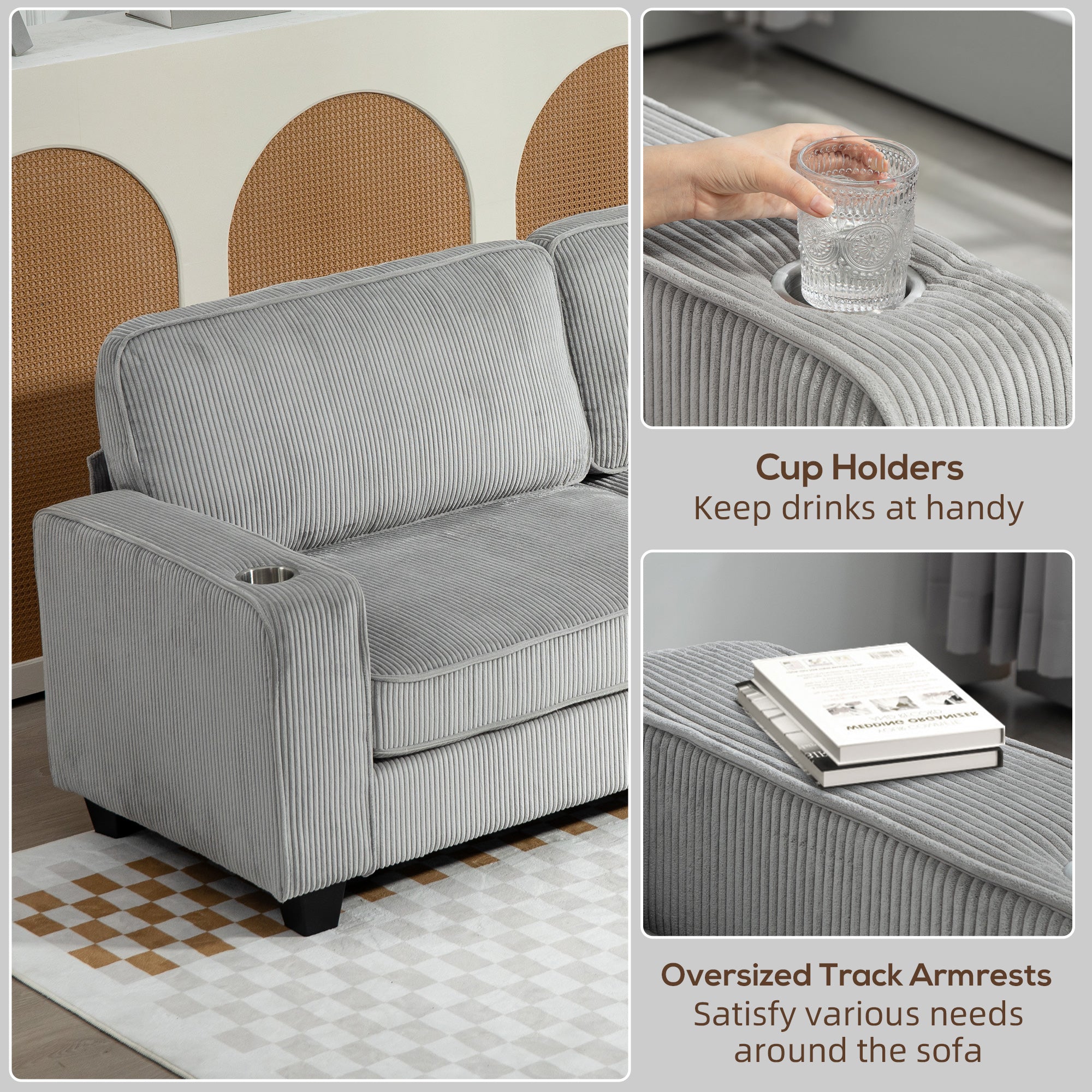 Three Seater Sofa, Fabric 3 Seater Couch with Spring Cushion and Cup Holders for Living Room, Bedroom, Light Grey 3-Seater Sofas at Gallery Canada
