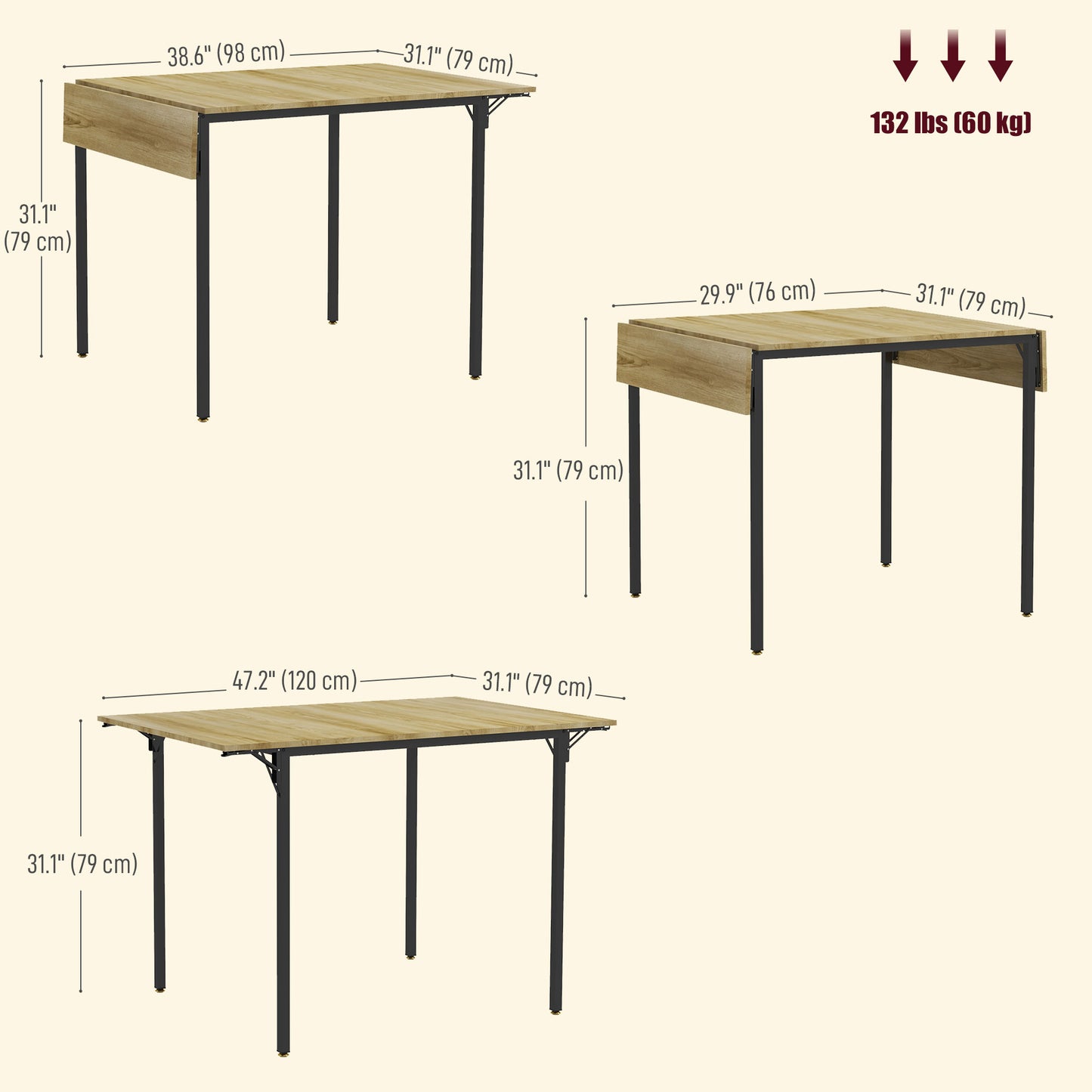 Drop Leaf Folding Dining Table for Small Space, Extendable Kitchen Table for 2 to 4 People, Natural Wood Dining Tables   at Gallery Canada