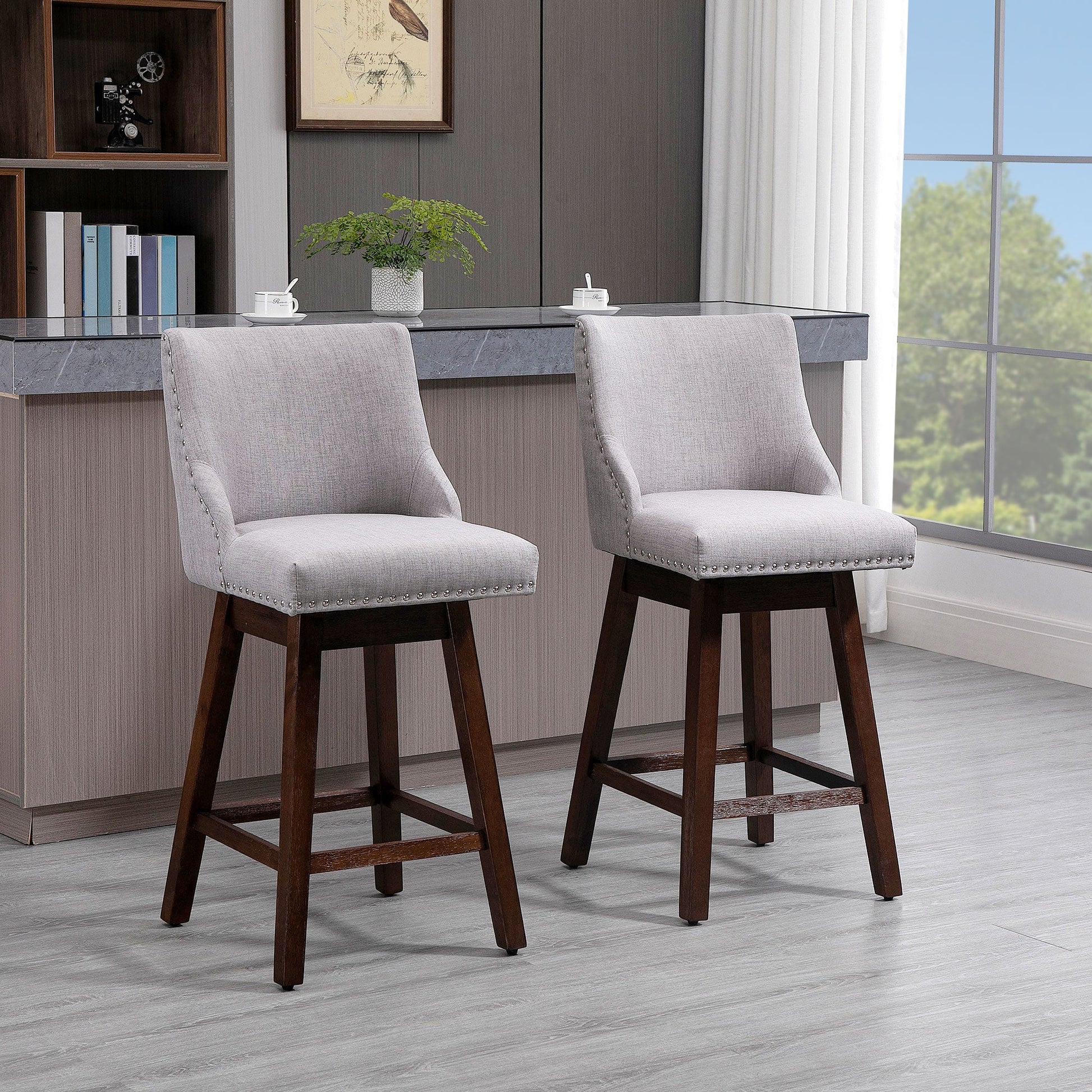 Swivel Bar stool Set of 2 Armless Upholstered Bar Chairs with Nailhead-Trim, Wood Legs, Light Grey Bar Stools   at Gallery Canada