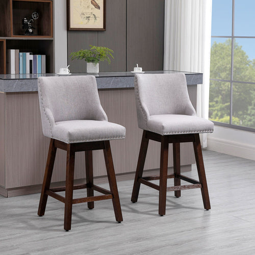 Swivel Bar stool Set of 2 Armless Upholstered Bar Chairs with Nailhead-Trim, Wood Legs, Light Grey