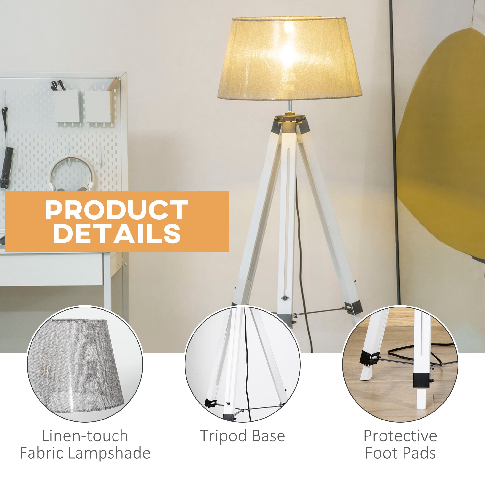 Tripod Floor Lamp, Adjustable Height Wooden Standing Lamp with E26 Lamp Base for Living Room, Bedroom, White and Grey Floor Lamps & Ceiling Fan Lights at Gallery Canada