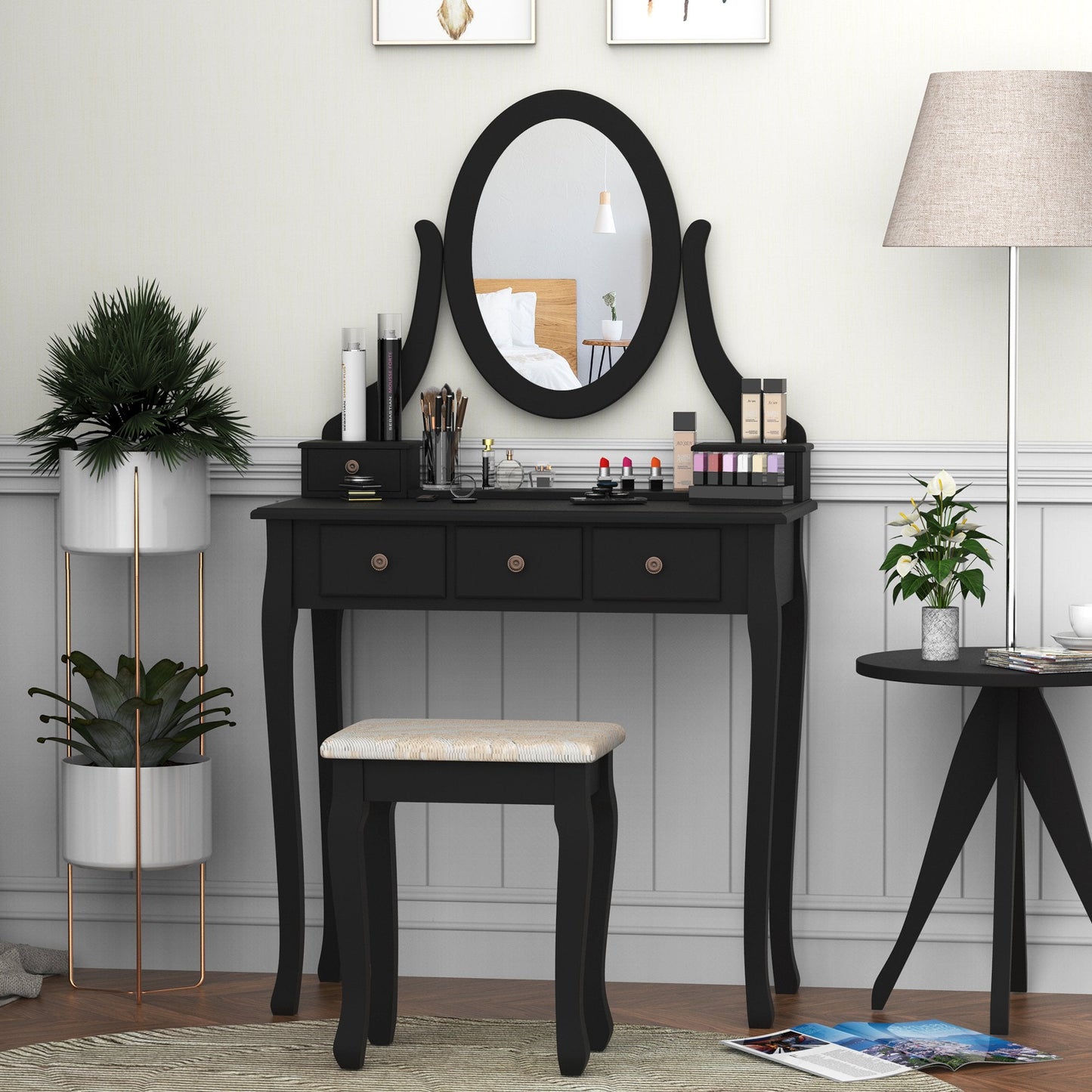 Wooden Vanity Table Set, Makeup Dressing Table with 360° Rotating Oval Mirror, 5 Drawers and Padded Stool for Bedroom, Black Dressing & Vanity Tables   at Gallery Canada