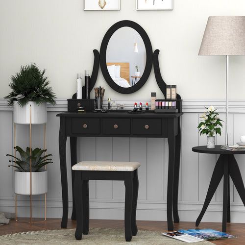 Wooden Vanity Table Set, Makeup Dressing Table with 360° Rotating Oval Mirror, 5 Drawers and Padded Stool for Bedroom, Black