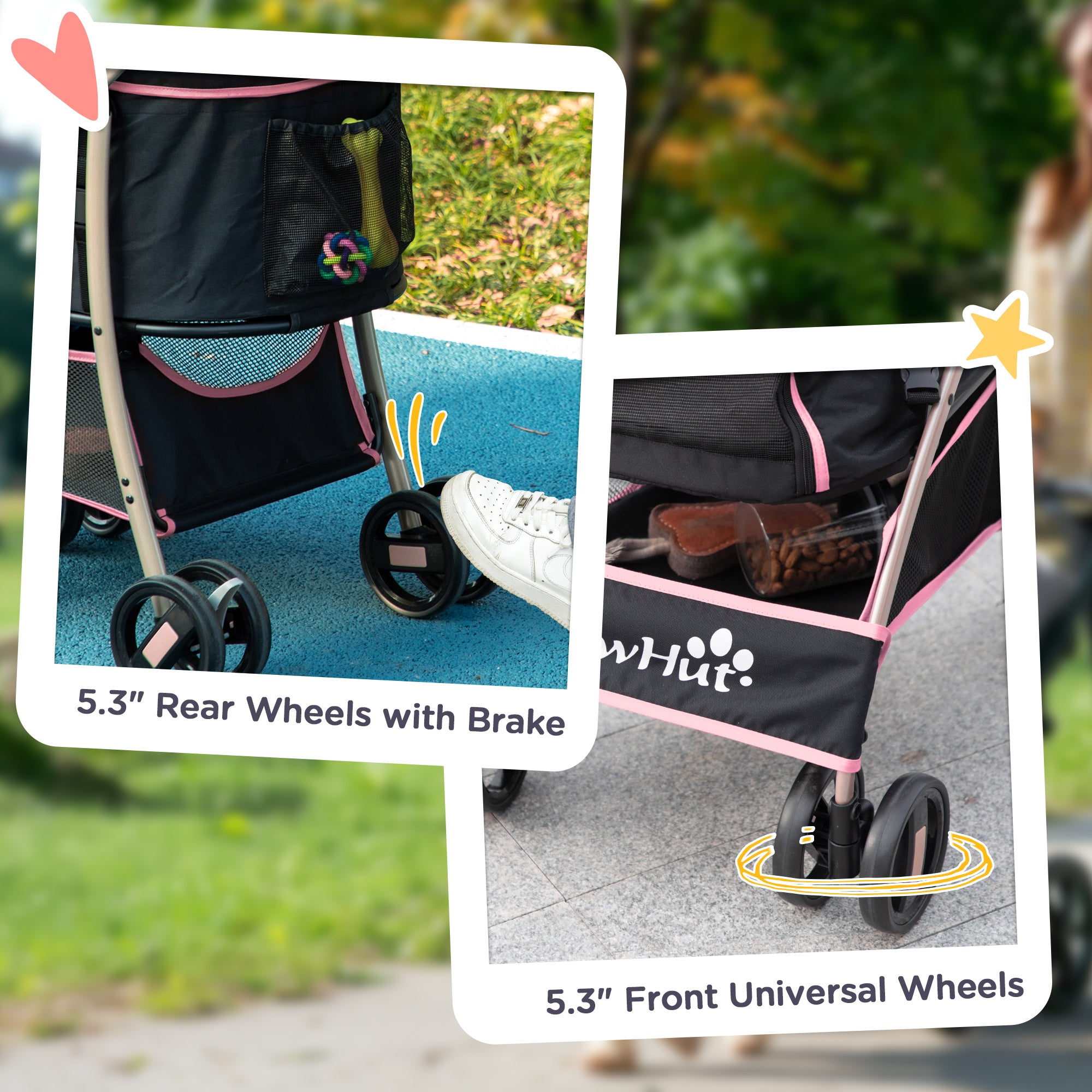 4 Wheels Pet Stroller, 3 in 1 Dog Cat Travel Folding Carrier, for Small Dogs, Detachable, w/ Brake, Canopy, Basket, Storage Bag - Pink Dog Bike Trailers & Strollers at Gallery Canada