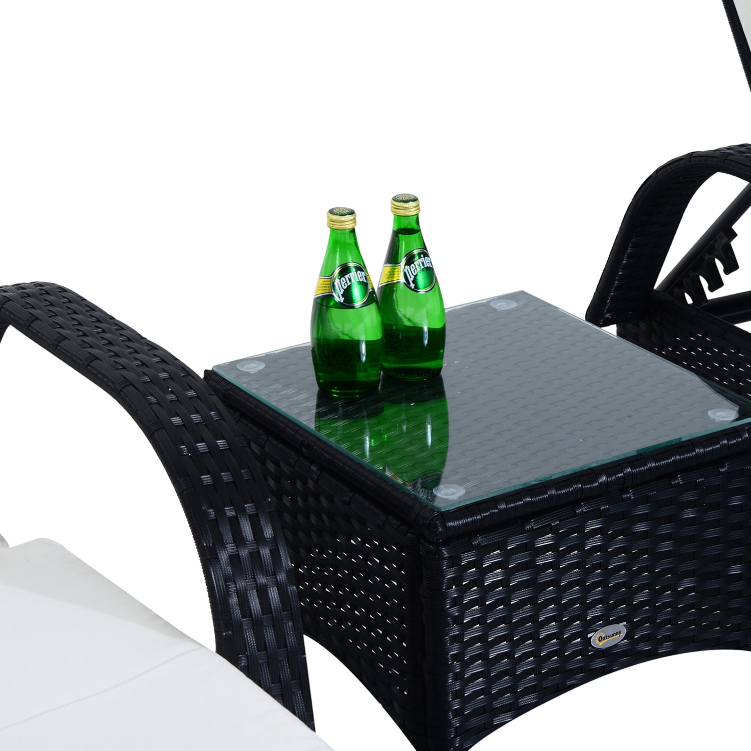 Patio Rattan Lounge Set has a Wheeled Wicker Chaise Lounge Chair and A Table with A Tempered Glass Top, White Chaise Loungers   at Gallery Canada