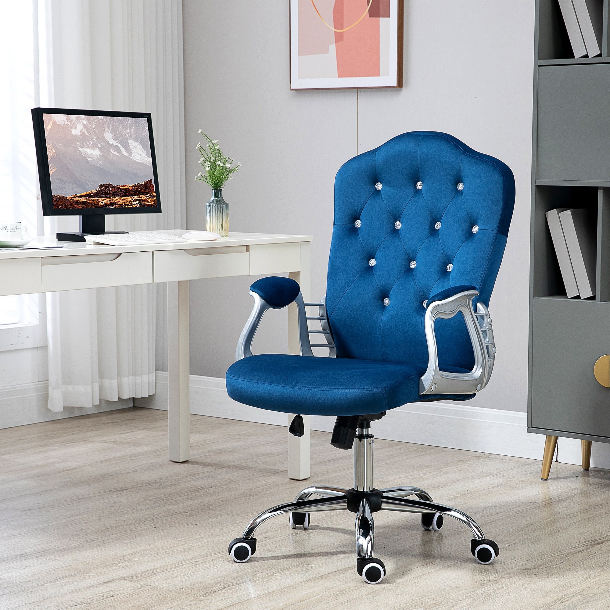 Office Chair, Velvet Computer Chair, Button Tufted Desk Chair with Swivel Wheels, Adjustable Height, Tilt Function, Blue Executive & Manager Chairs   at Gallery Canada