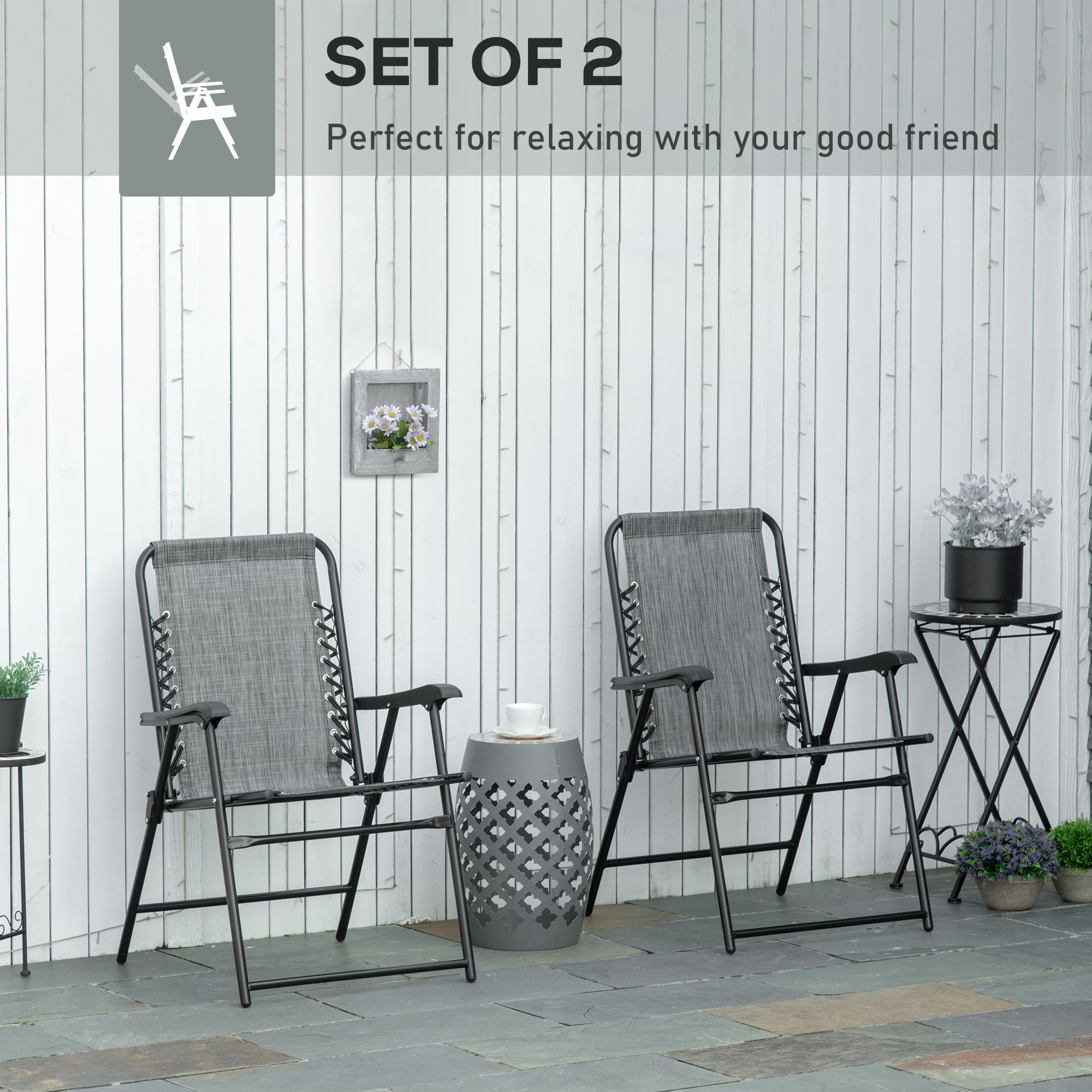 2 Pieces Outdoor Folding Patio Chair Set, Portable Camping Chairs with Armrests for Garden, Patio, Pool, Beach, Grey Patio Chairs at Gallery Canada