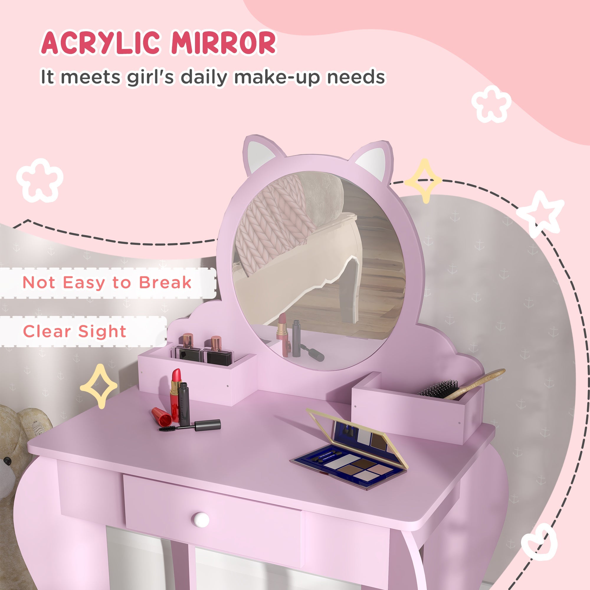 Makeup Vanity with Mirror and Stool, Cat Design, Drawer, Storage Boxes, for 3-6 Years Old, Pink Toy Vanity   at Gallery Canada