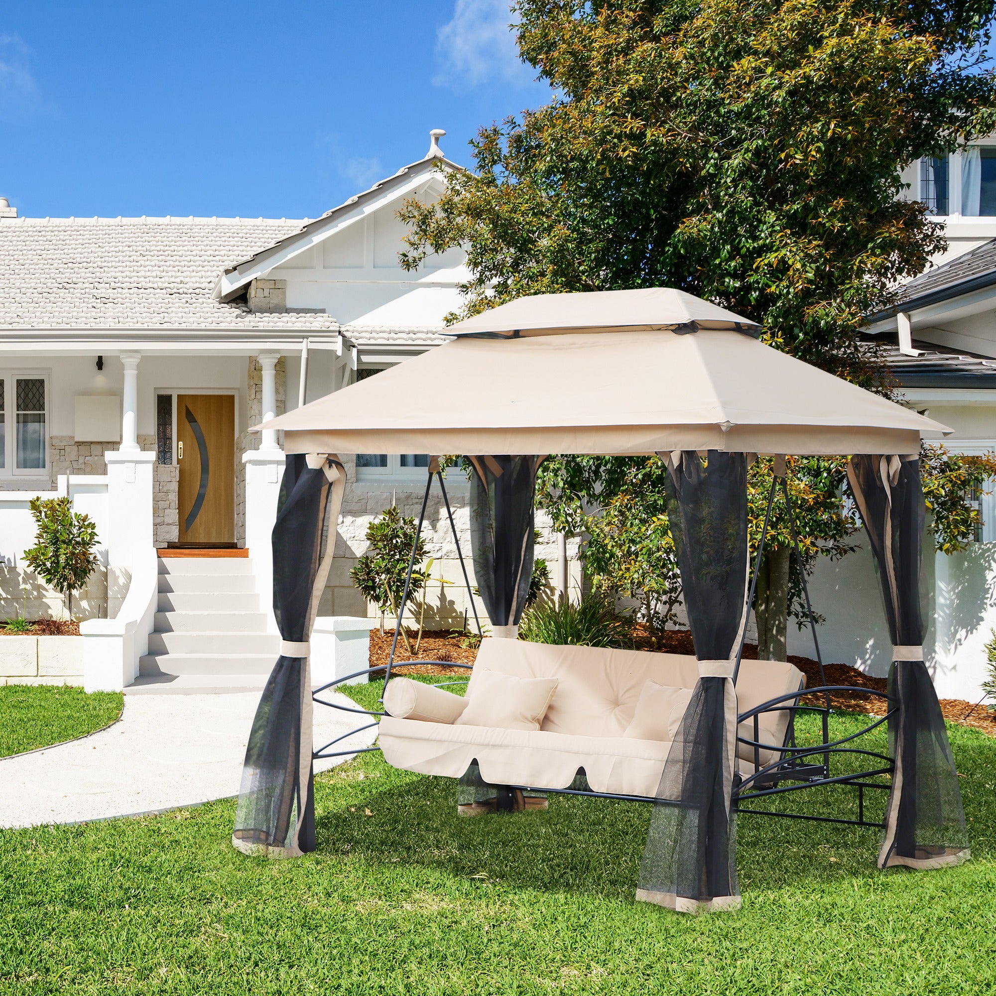 3 Person Outdoor Patio Daybed 3 in 1 Canopy Gazebo Swing Chair Garden Hammock with Mesh Mosquito Net and Sun Shade, Beige Porch Swings with Canopy at Gallery Canada