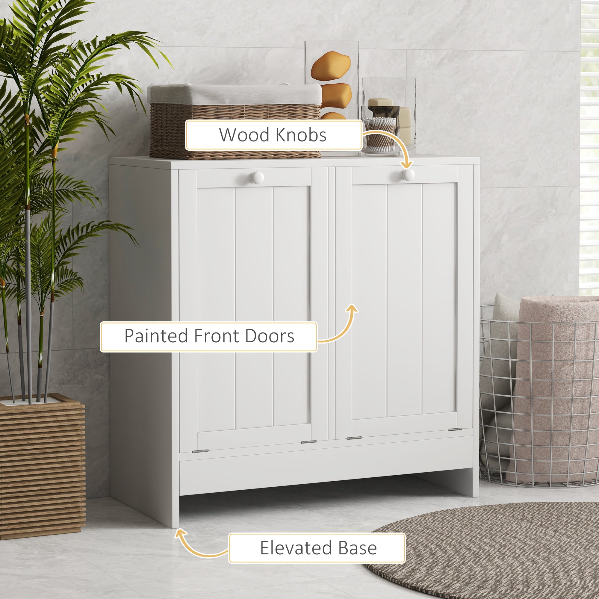 Tilt-Out Laundry Storage Cabinet, Modern Laundry Hamper with 2 Compartments for Bathroom Washroom, White Bathroom Cabinets at Gallery Canada
