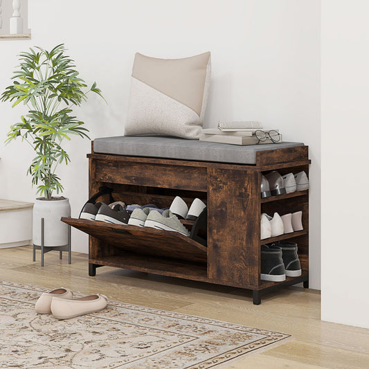 Shoe Storage with Seat, Upholstered Hallway Bench, Shoe Bench with Flip Drawer and Side Rack for 6 Pairs of Shoes Shoe Storage Cabinets & Racks Rustic Brown  at Gallery Canada