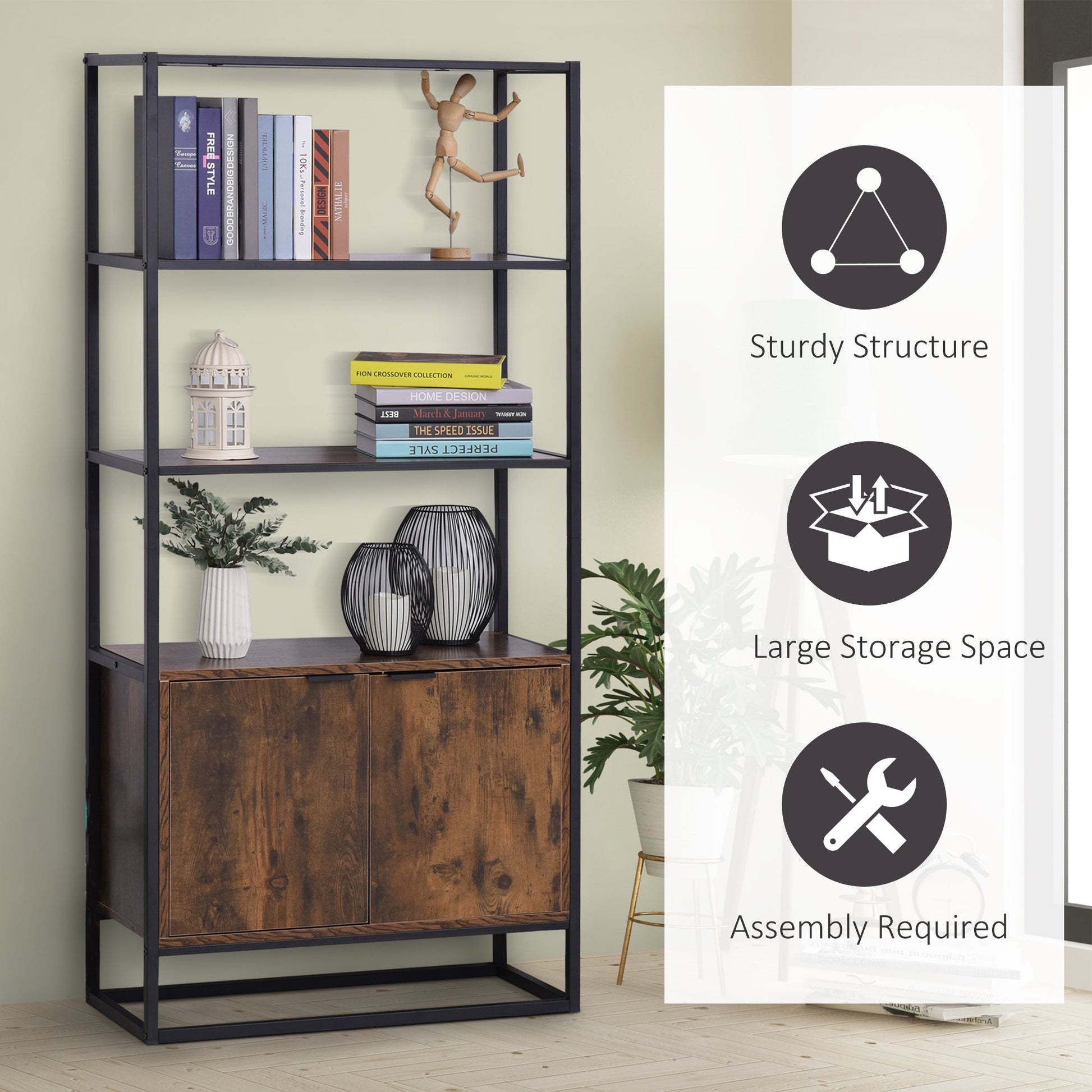 Storage Cabinet with 3 Open Shelves Cupboard Freestanding Tall Organizer Multifunctional Rack for Livingroom Bedroom Kitchen Rustic Brown Display Bookshelves   at Gallery Canada