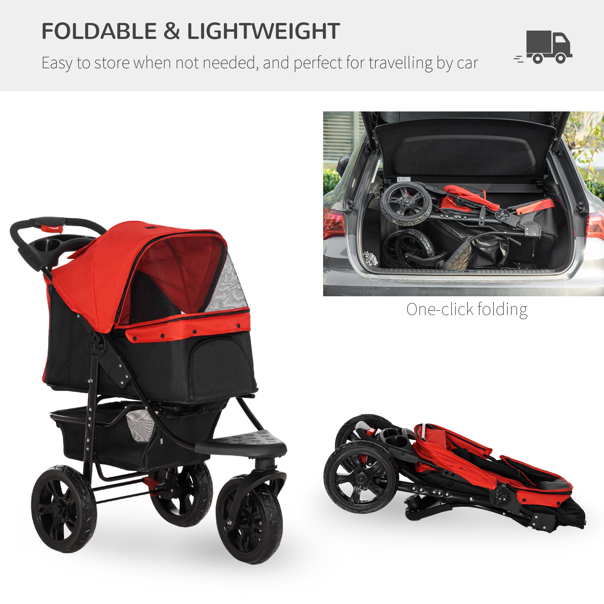 3 Wheel Folding Dog Stroller, Jogger Travel Carrier with Adjustable Canopy, Storage Brake, Mesh Window for S&;M Dogs, Red Dog Bike Trailers & Strollers at Gallery Canada