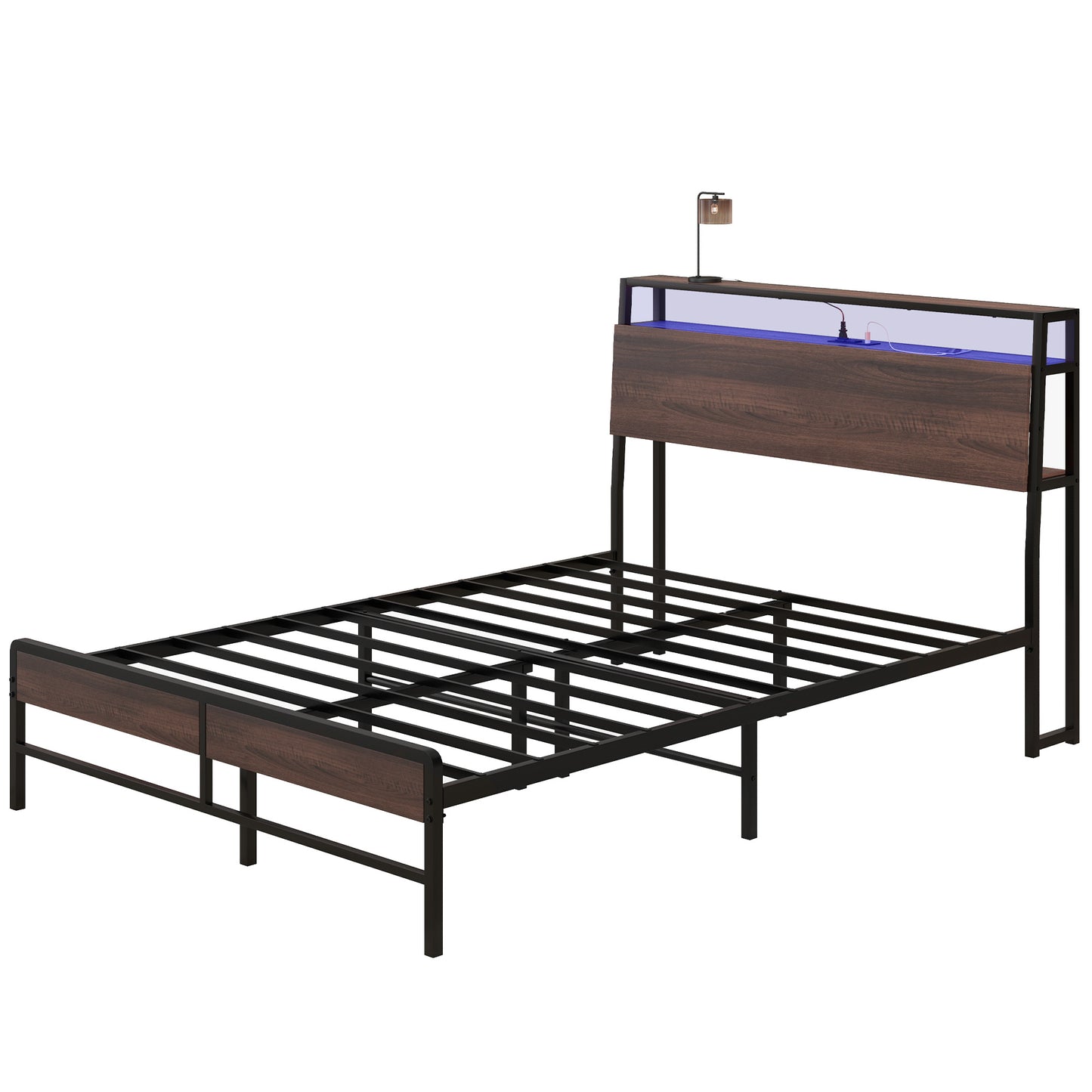 Full Size Bed Frame with LED Lights and Charging Station, Full Bed Frame with Storage Headboard, Noise-Free, Walnut Bedroom Furniture   at Gallery Canada