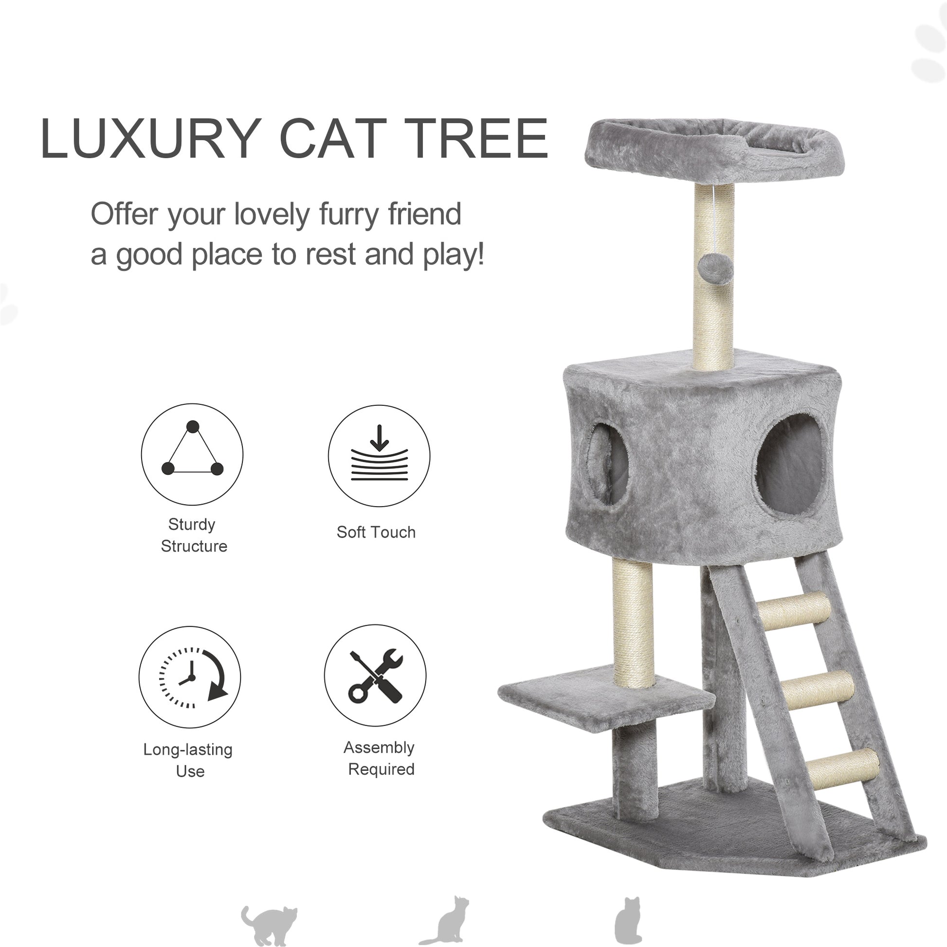 47" Tall Cat Tree Tower with Condo, Ladder, Scratching Posts and Hanging Ball, Light Grey Cat Towers   at Gallery Canada