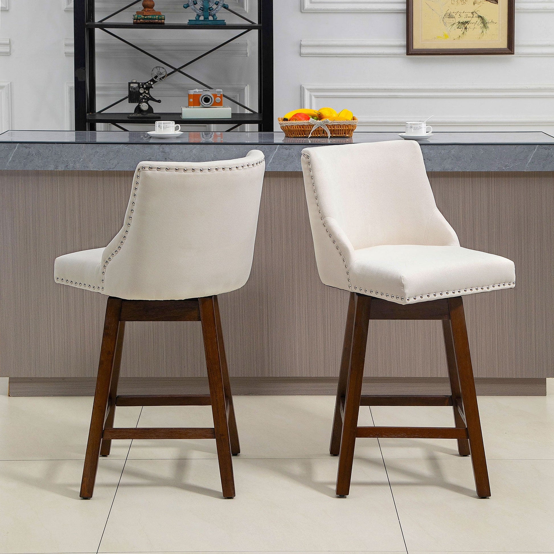 Swivel Bar stool Set of 2 Armless Upholstered Bar Chairs with Nailhead-Trim, Wood Legs, Cream White Bar Stools   at Gallery Canada