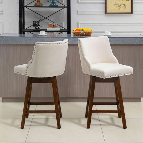 Swivel Bar stool Set of 2 Armless Upholstered Bar Chairs with Nailhead-Trim, Wood Legs, Cream White