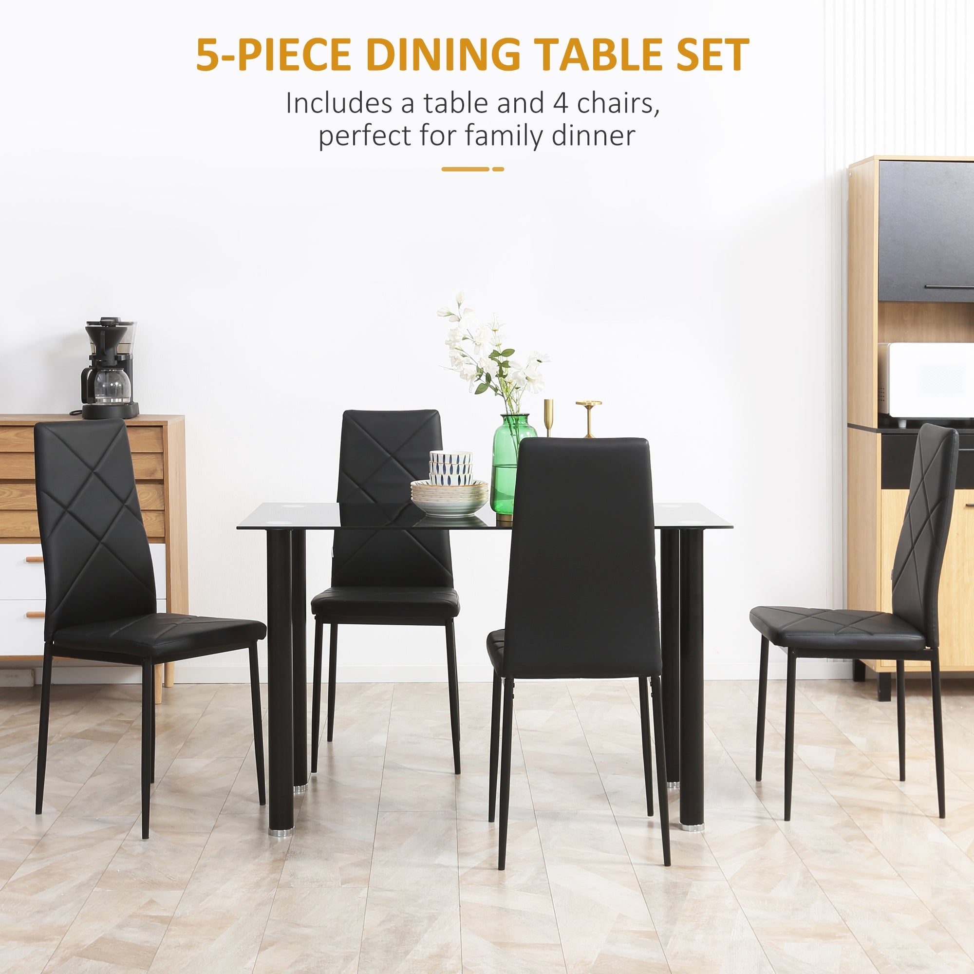 Dining Table and Chairs Set for 4, Modern 5 Pieces Kitchen Table Set with Glass Table, Padded Seat and Steel Frame Bar Sets   at Gallery Canada