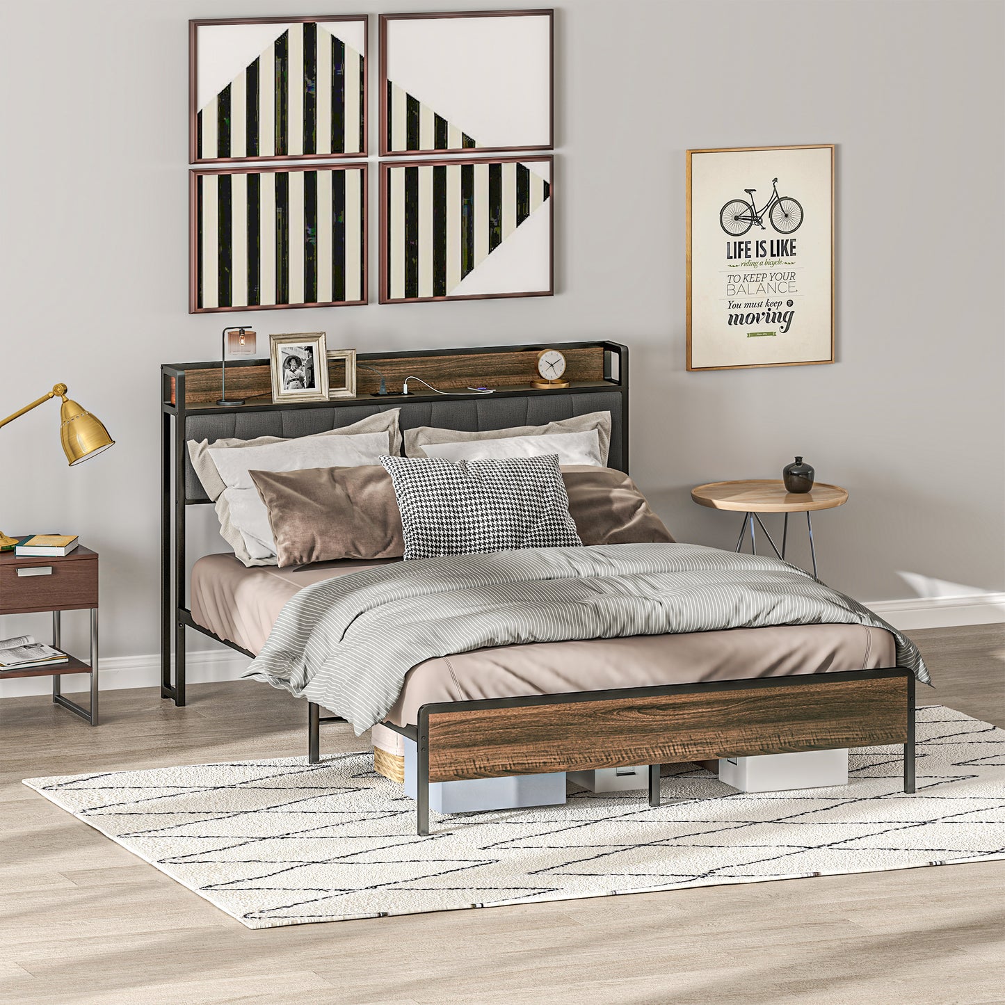 Queen Size Bed Frame with Charging Station, Queen Bed Frame with Upholstered Headboard and Storage Shelf, Walnut Bedroom Furniture Multi Colour  at Gallery Canada