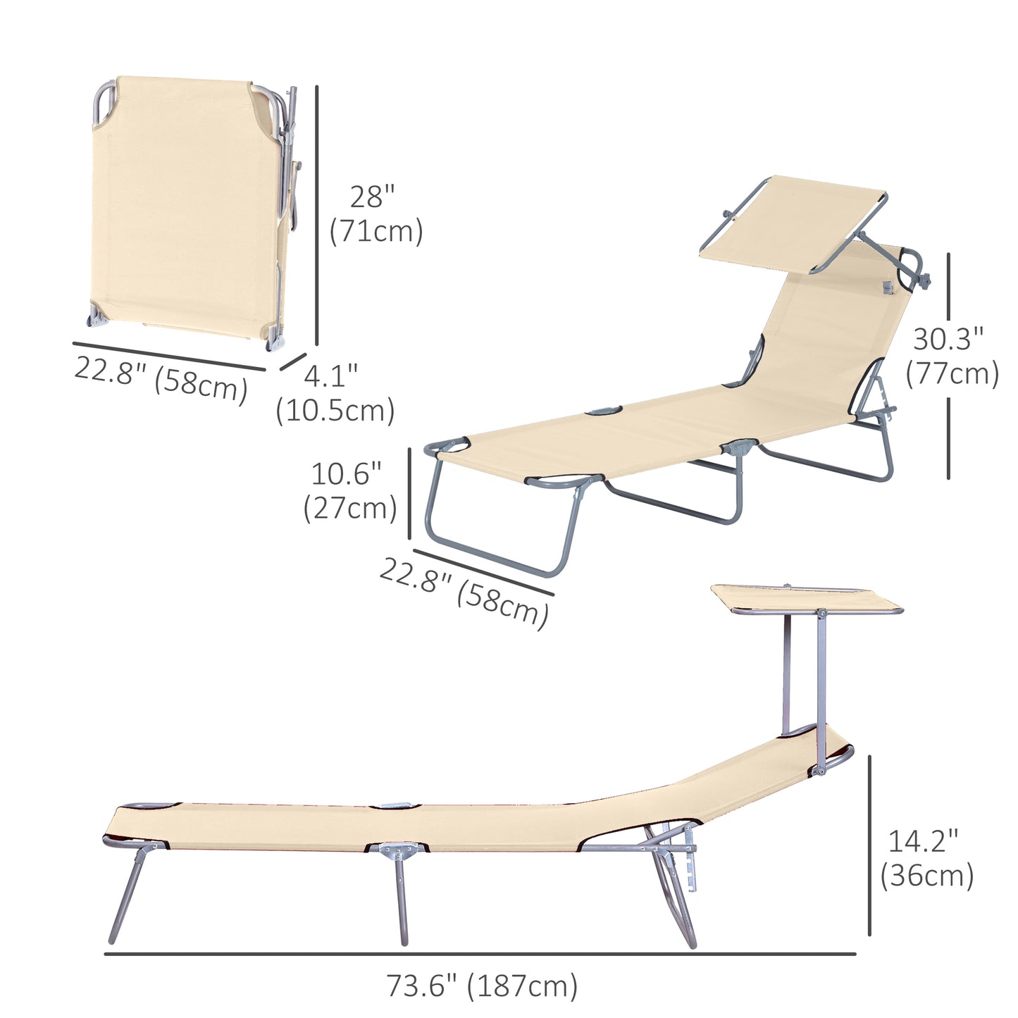 Outdoor Lounge Chair with Sun Shade for Beach, Camping, Hiking, Backyard, Beige Lounger Chairs   at Gallery Canada