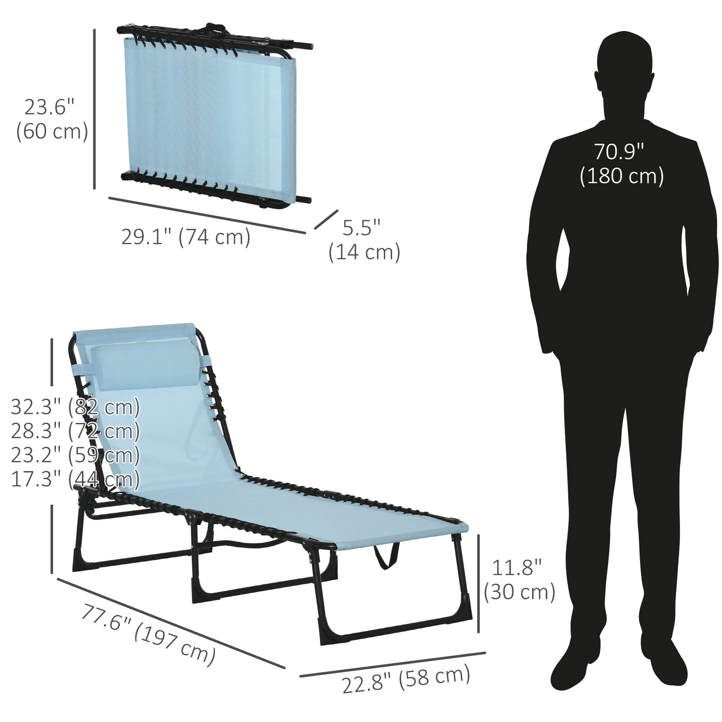 4-Level Adjustable Outdoor Folding Lounge Chair with Headrest, Light Blue Lounger Chairs   at Gallery Canada