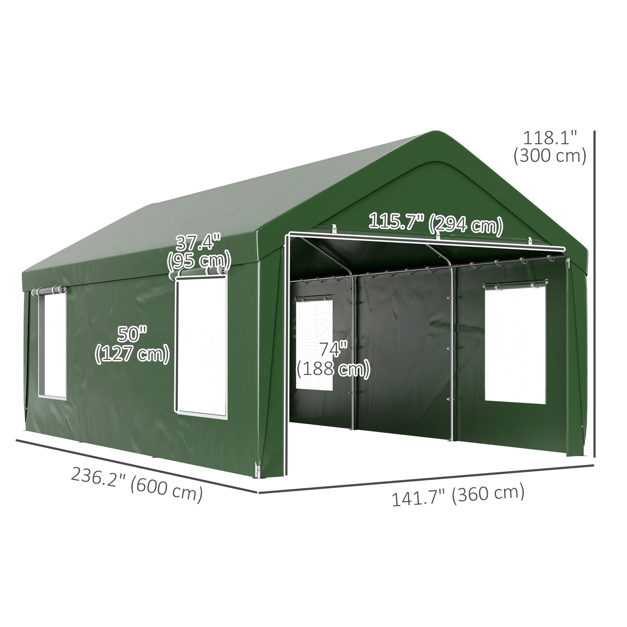 12 x 20ft Carport with 2 Roll-Up Doors, 4 Windows, Portable Garage with Removable Sidewalls for Car, Truck, Dark Green Car Shelters at Gallery Canada