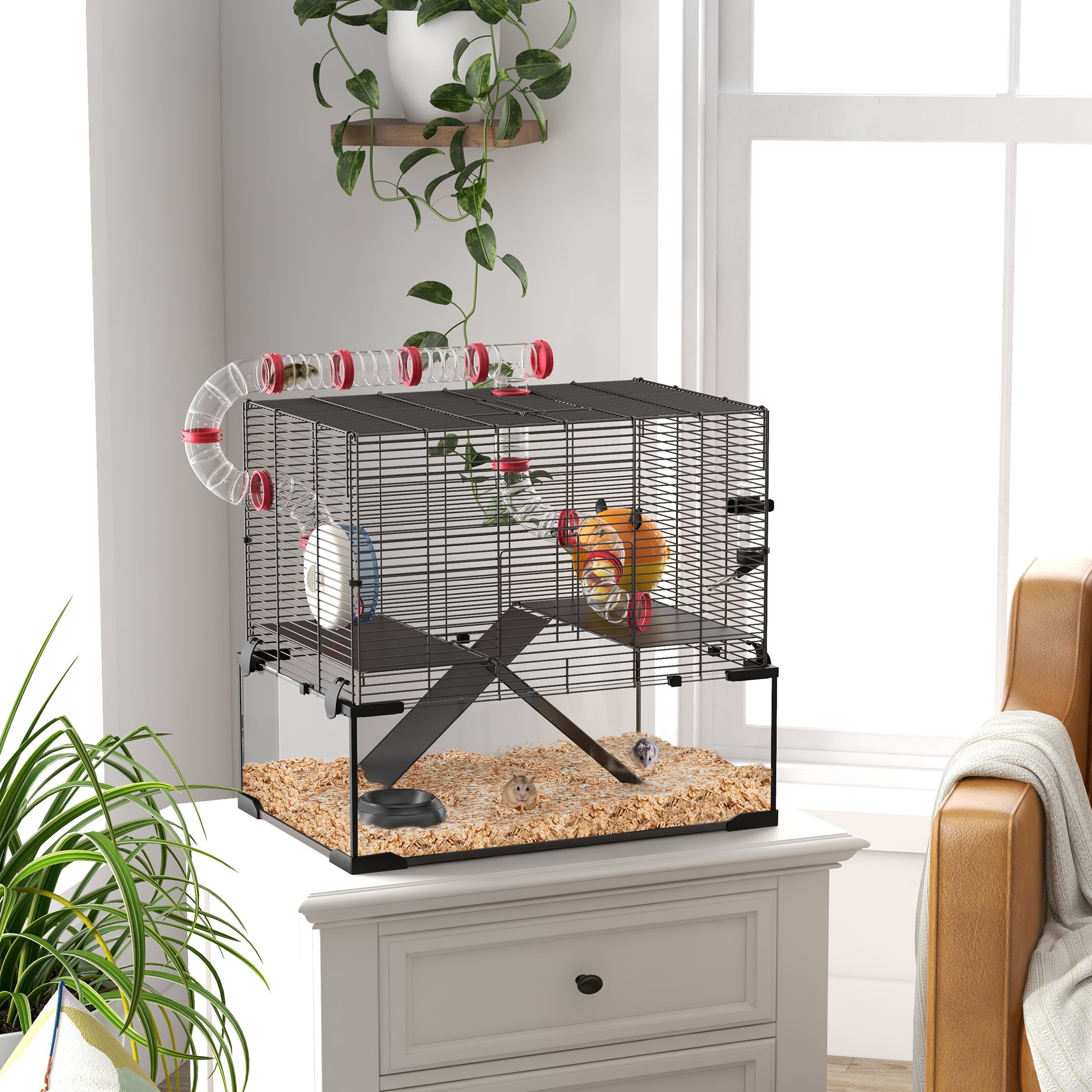 Hamster Cage with Deep Glass Bottom, Tunnel Tube System, Platforms, Hut, Exercise Wheel, Water Bottle, 24