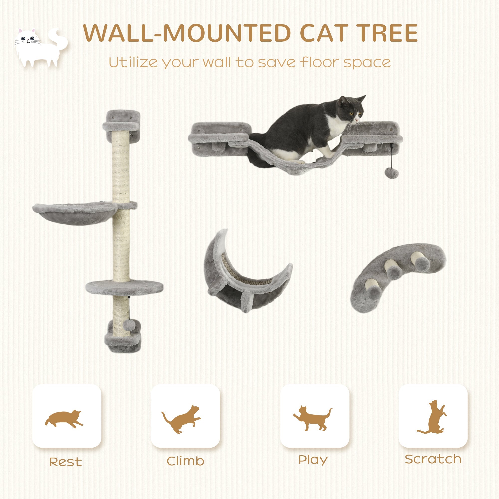 Cat Wall Shelf with Scratching Post, Hammock, Ladder, Play Balls, Grey Cat Climbing Wall   at Gallery Canada