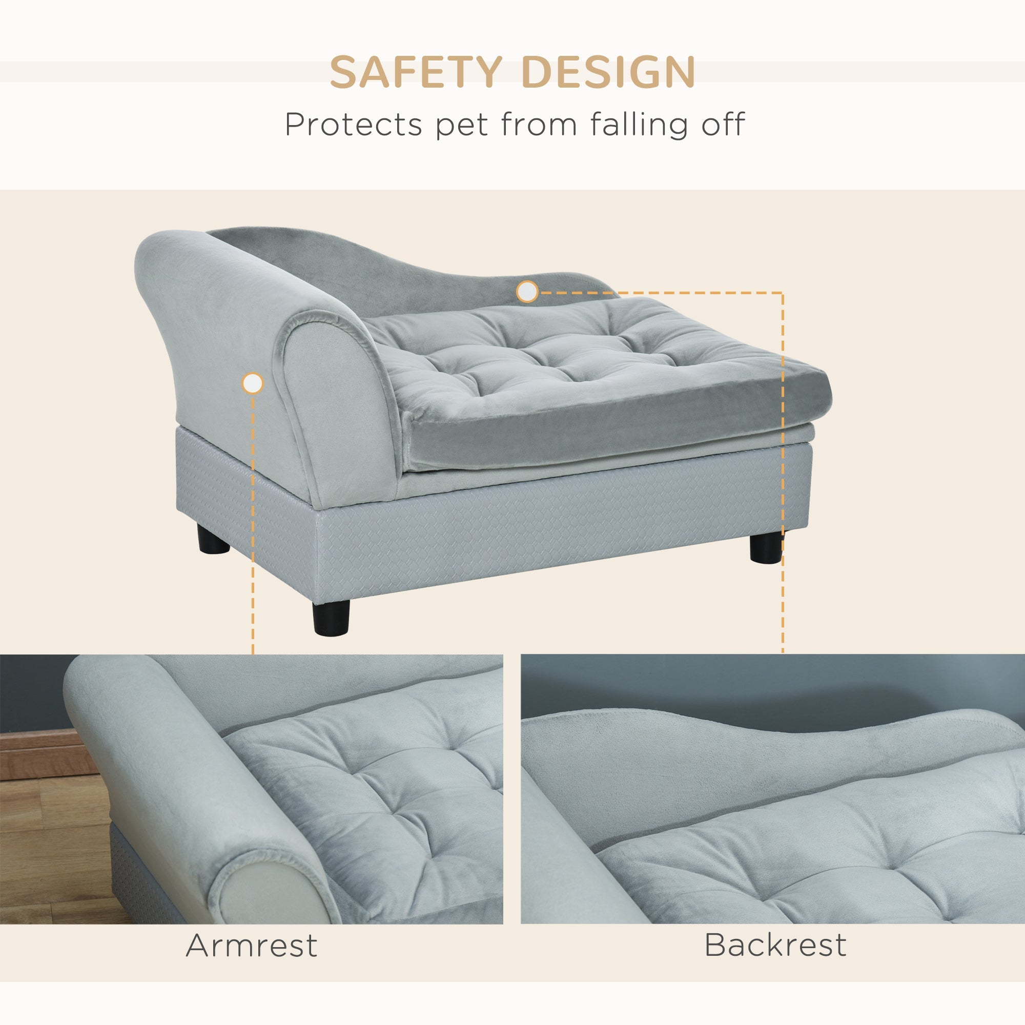 Pet Sofa Dog Couch Chaise Lounge Pet Bed with Storage Function Small Sized Dog Various Cat Sponge Cushioned Bed Lounge, Light Grey Dog Sofas   at Gallery Canada