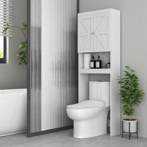 Over The Toilet Cabinet, Modern Bathroom Above Toilet Storage with Barn Doors and Open Shelf, White