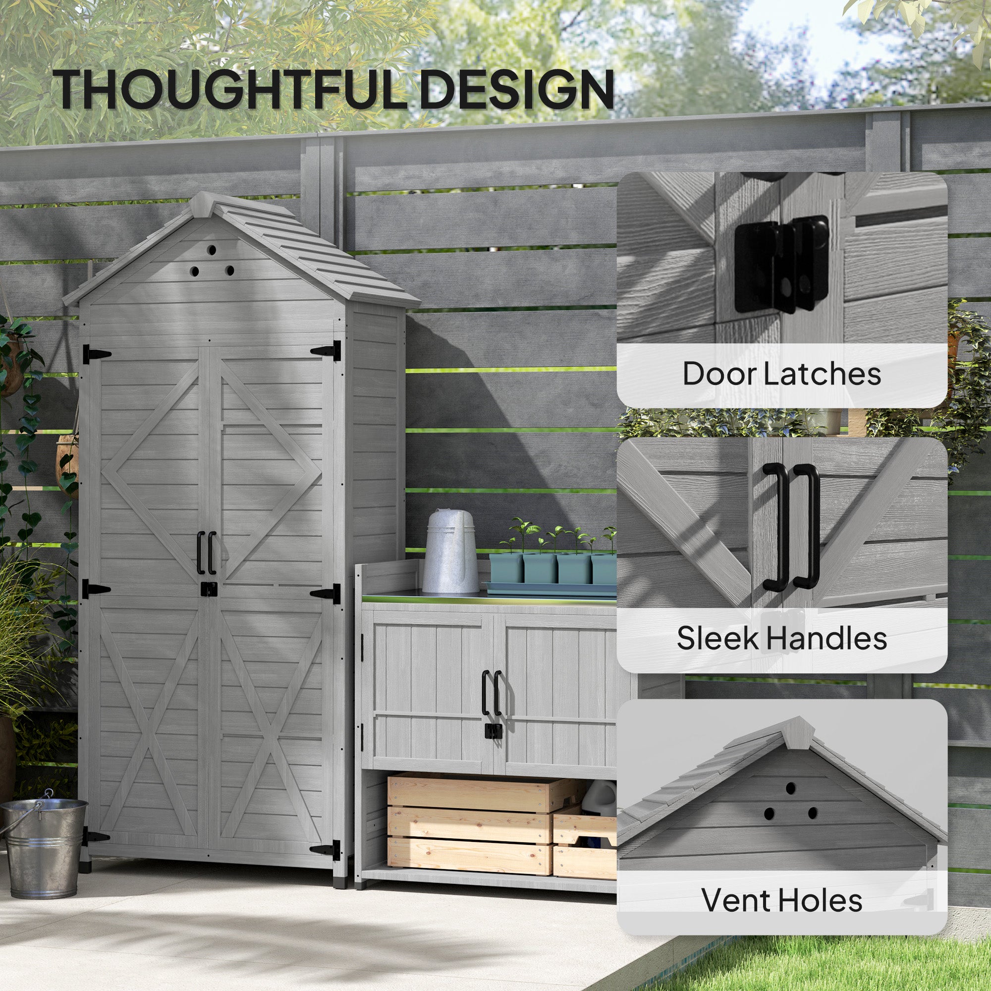 2-in-1 Outdoor Storage Cabinet, Wood Garden Shed with Shelves, Vent Holes, Foot Caps for Backyard, Patio, Lawn Sheds at Gallery Canada