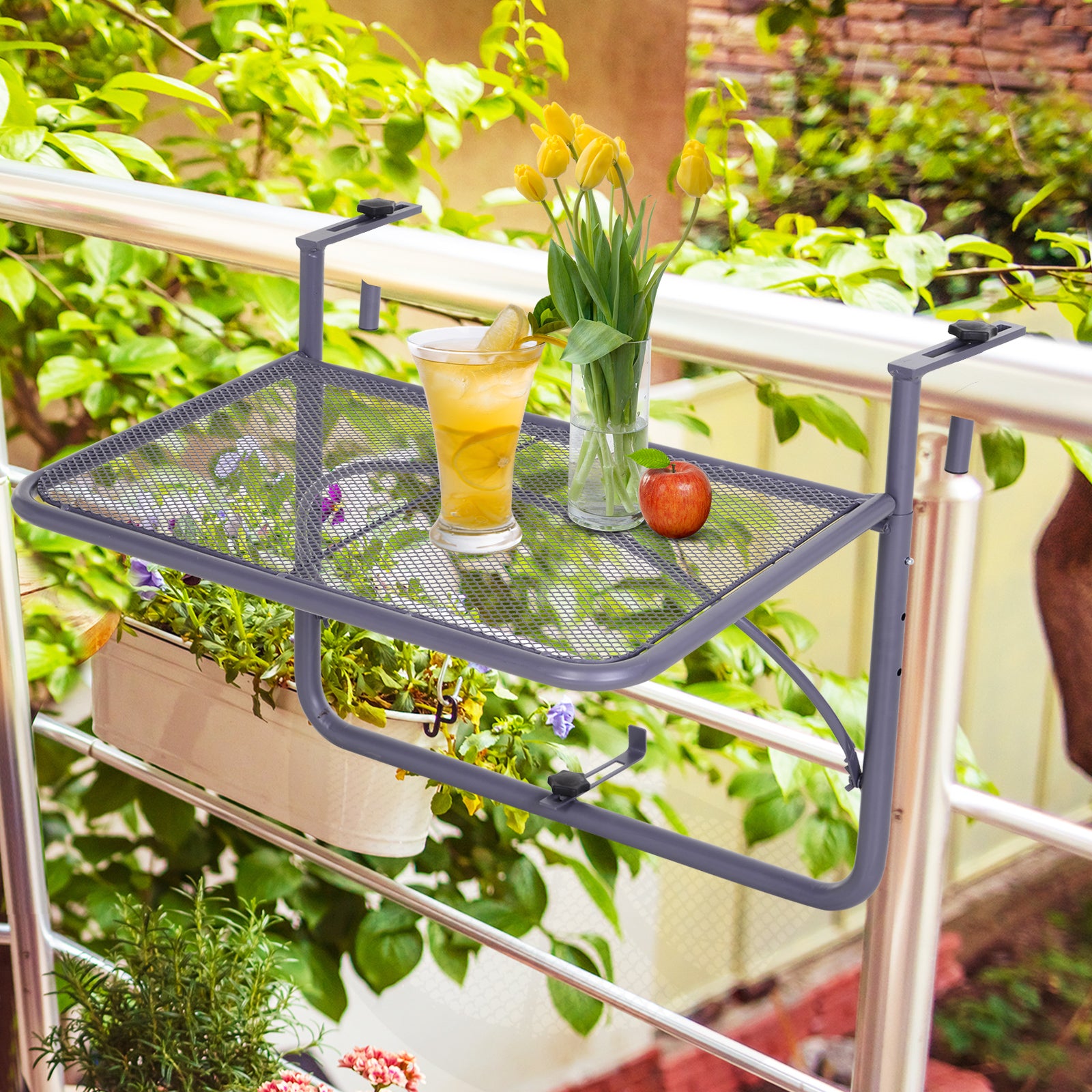 Adjustable Balcony Hanging Railing Table, Metal Mounting Mini Wall Desk Storage Rack, Outdoor Flower Stand Serving Table Rectangle, Grey Balcony Table Hanging at Gallery Canada