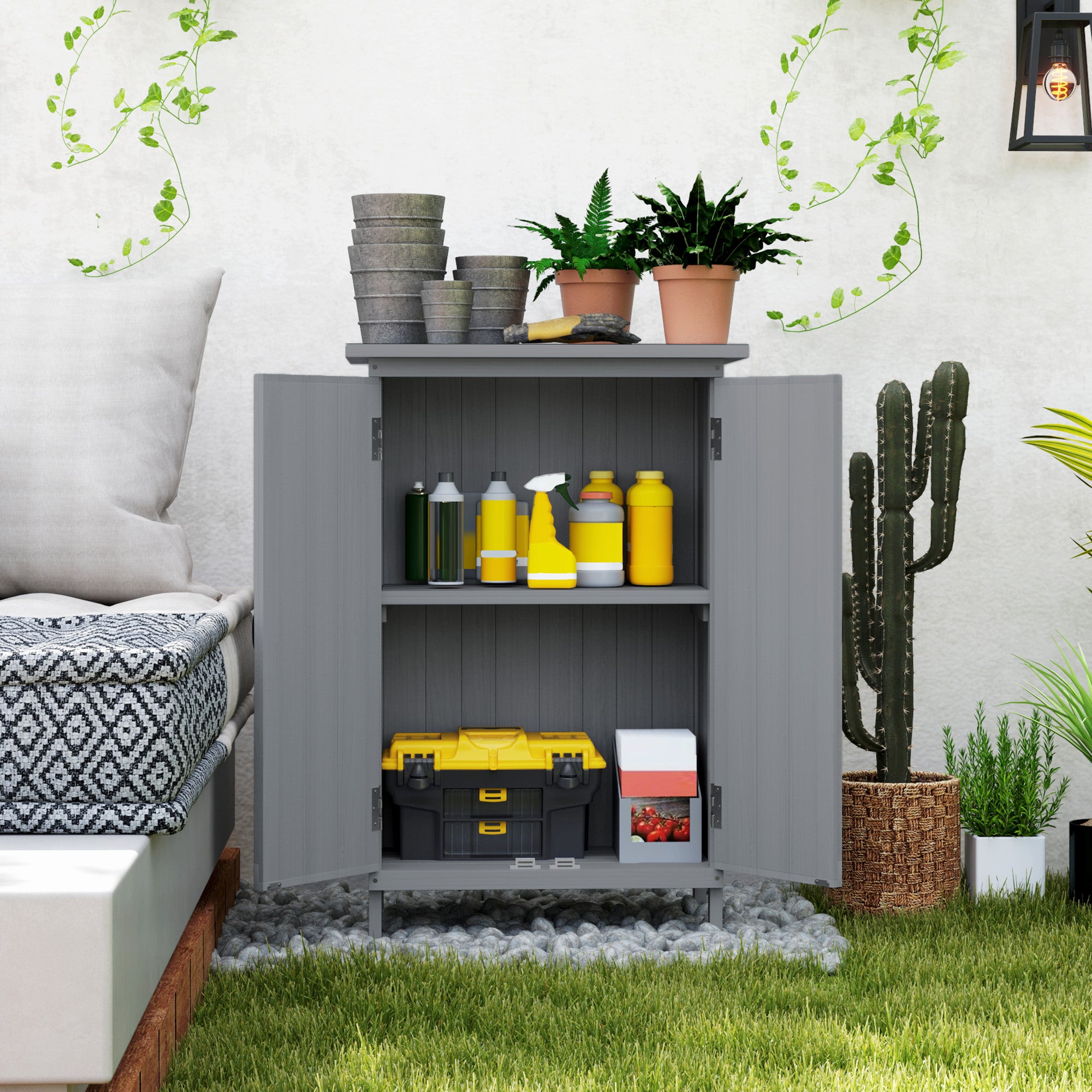 Outdoor Storage Cabinet, Wooden Garden Storage Shed with 2-Tier Shelves, Metal Tabletop and Magnetic Doors, Grey Sheds at Gallery Canada