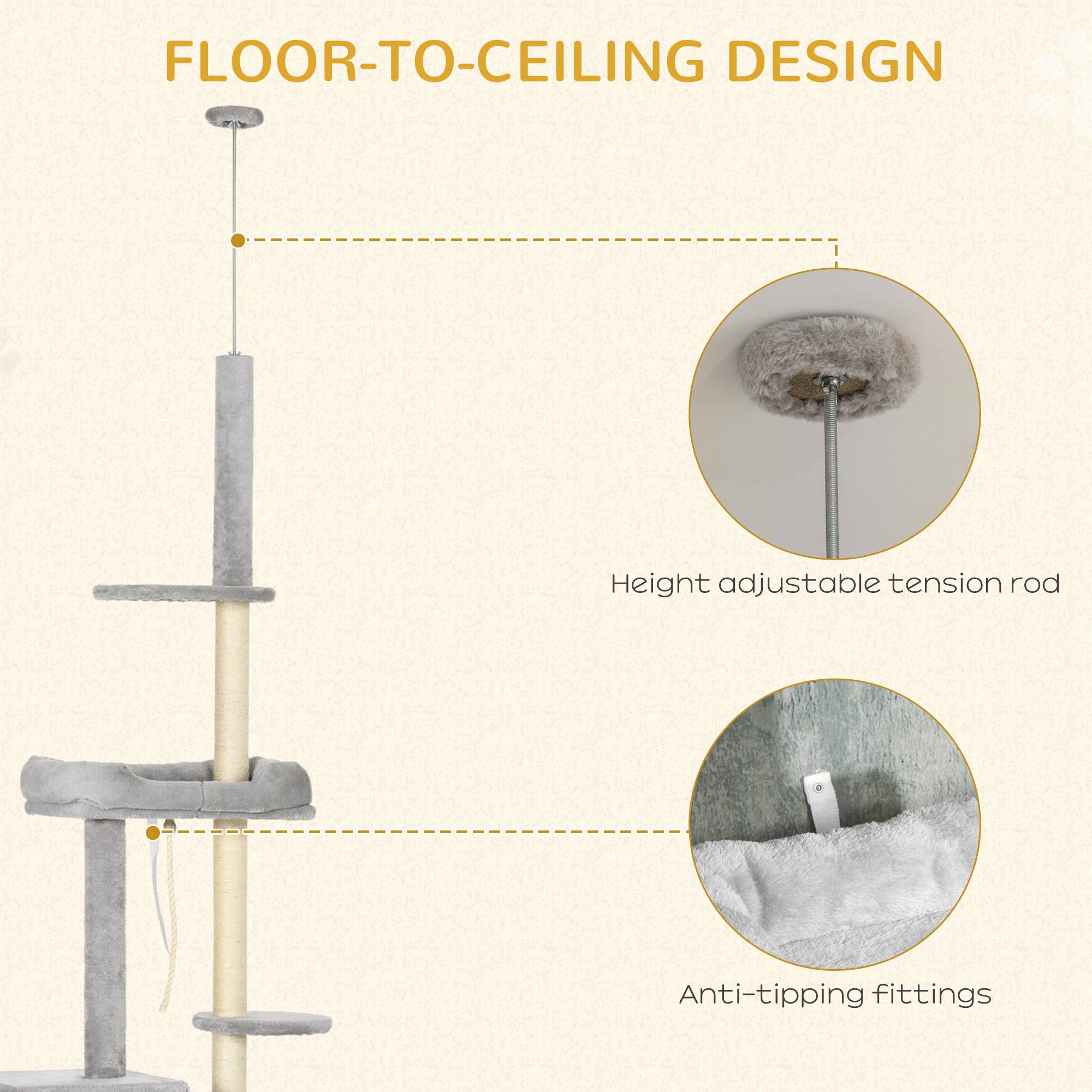 Cat Tree Floor to Ceiling Cat Tower Height Adjustable( 85-101 Inches), Tall Large Cat Climbing Activity Center with Scratching Posts Cat Condo Cozy Bed, Grey Floor to Ceiling Cat Trees at Gallery Canada