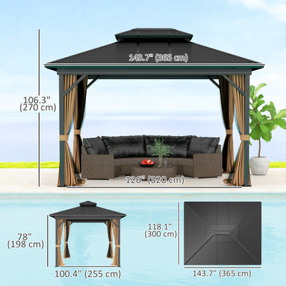 10' x 12' Hardtop Gazebo, Sun Shelter with Double Tier Metal Roof, Mosquito Netting, and Hanging Hook, Dark Brown Gazebos at Gallery Canada