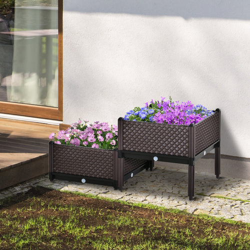 Set of 2 Plastic Raised Garden Bed, Planter Box, Flower Vegetables Planting Container with Self-Watering Design and Drainage Holes for Patio Balcony