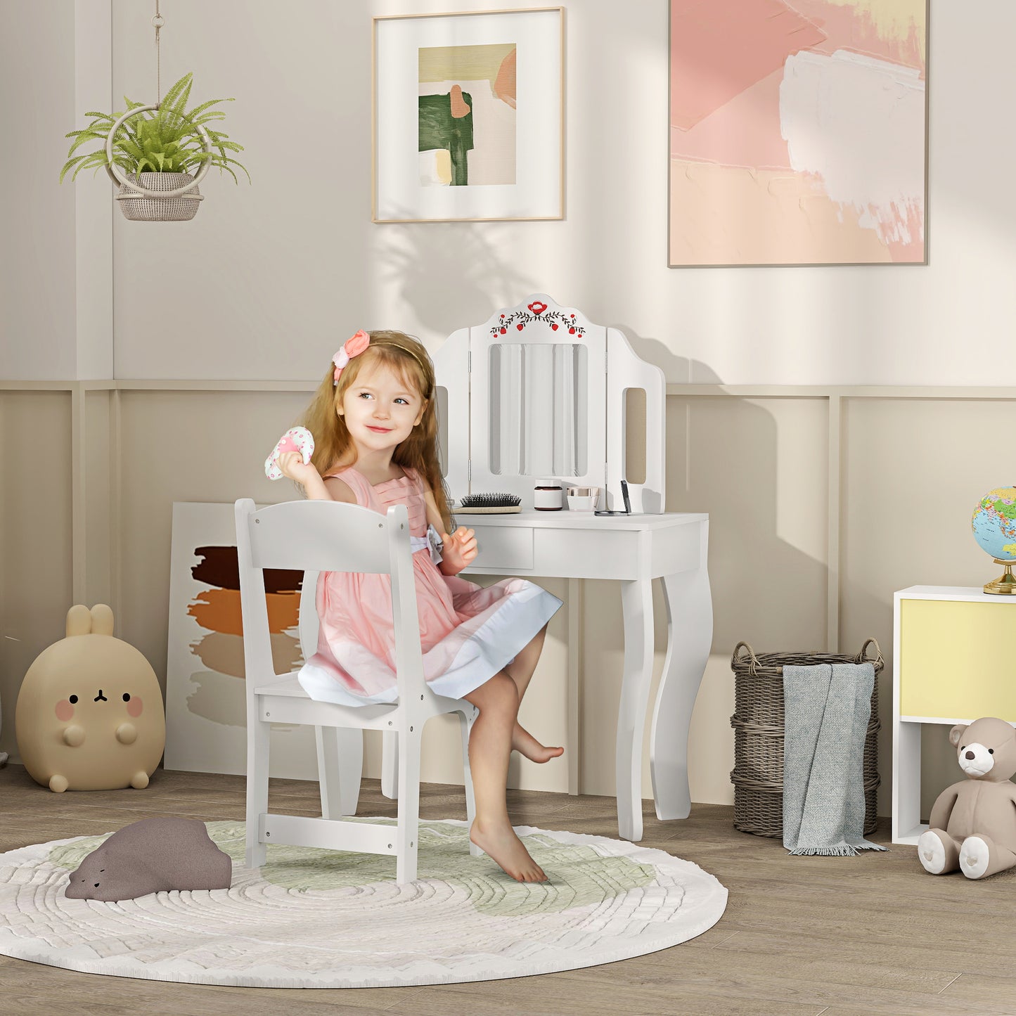 Kids Vanity Set, Dual-Use Dressing Table with Removable Tri-Folding Mirror and Drawer, for Ages 3-8, White Toy Vanity White  at Gallery Canada