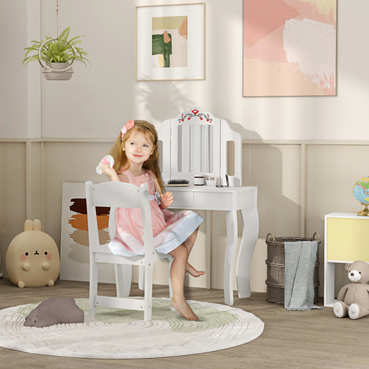 Kids Vanity Set, Dual-Use Dressing Table with Removable Tri-Folding Mirror and Drawer, for Ages 3-8, White Toy Vanity   at Gallery Canada