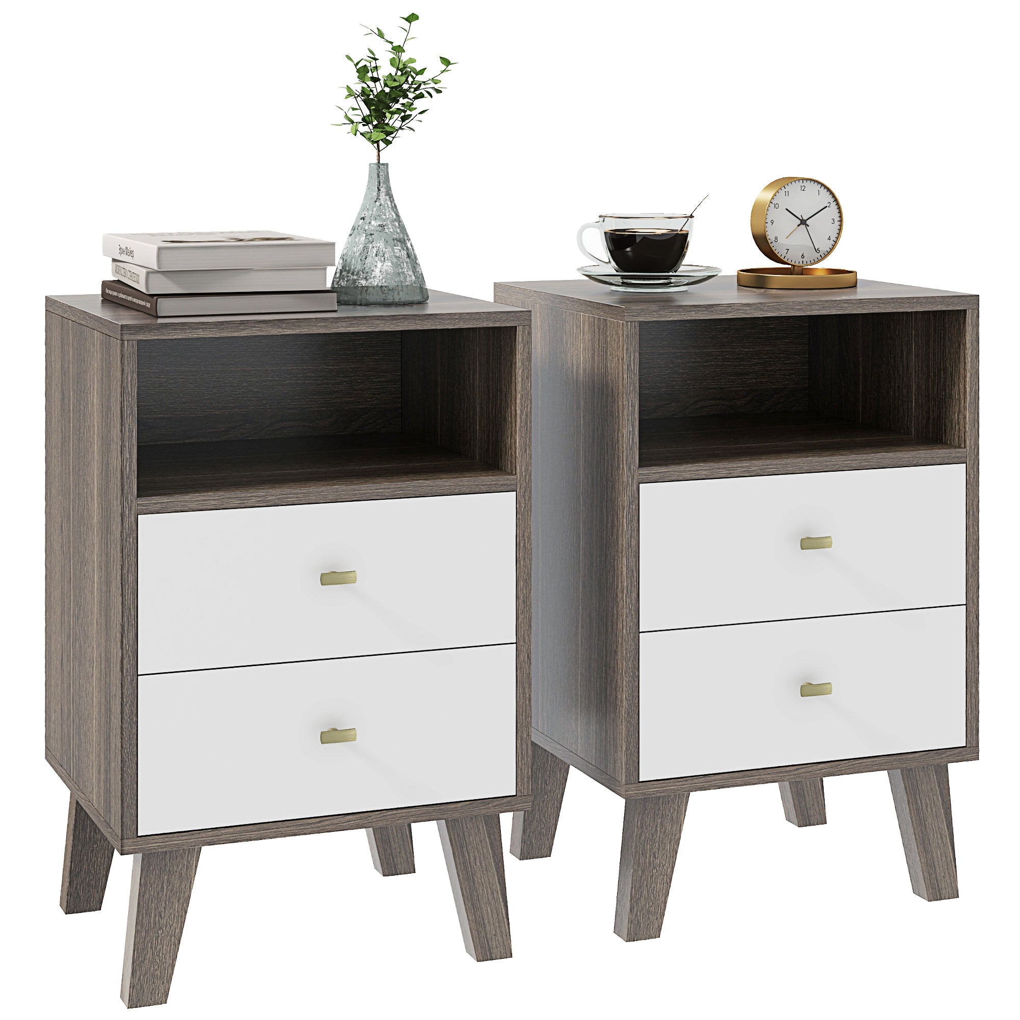 Nightstand Set of 2, Modern Bedside Table, Night Stand for Living Room with 3 Drawers and Open Storage, Grey Bedside Tables at Gallery Canada