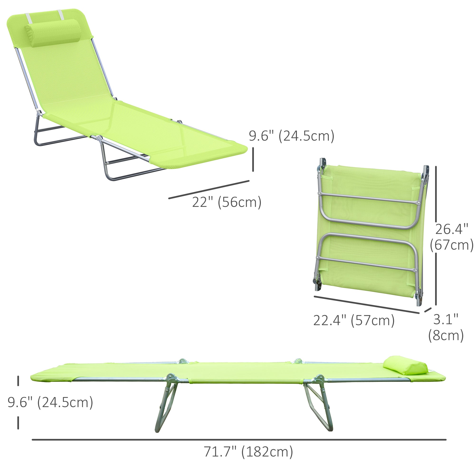 Outdoor Lounge Chair, Portable Adjustable Reclining Seat Folding Chaise Lounge Patio Camping Beach Tanning Chair Bed with Pillow, Green Lounger Chairs Green  at Gallery Canada