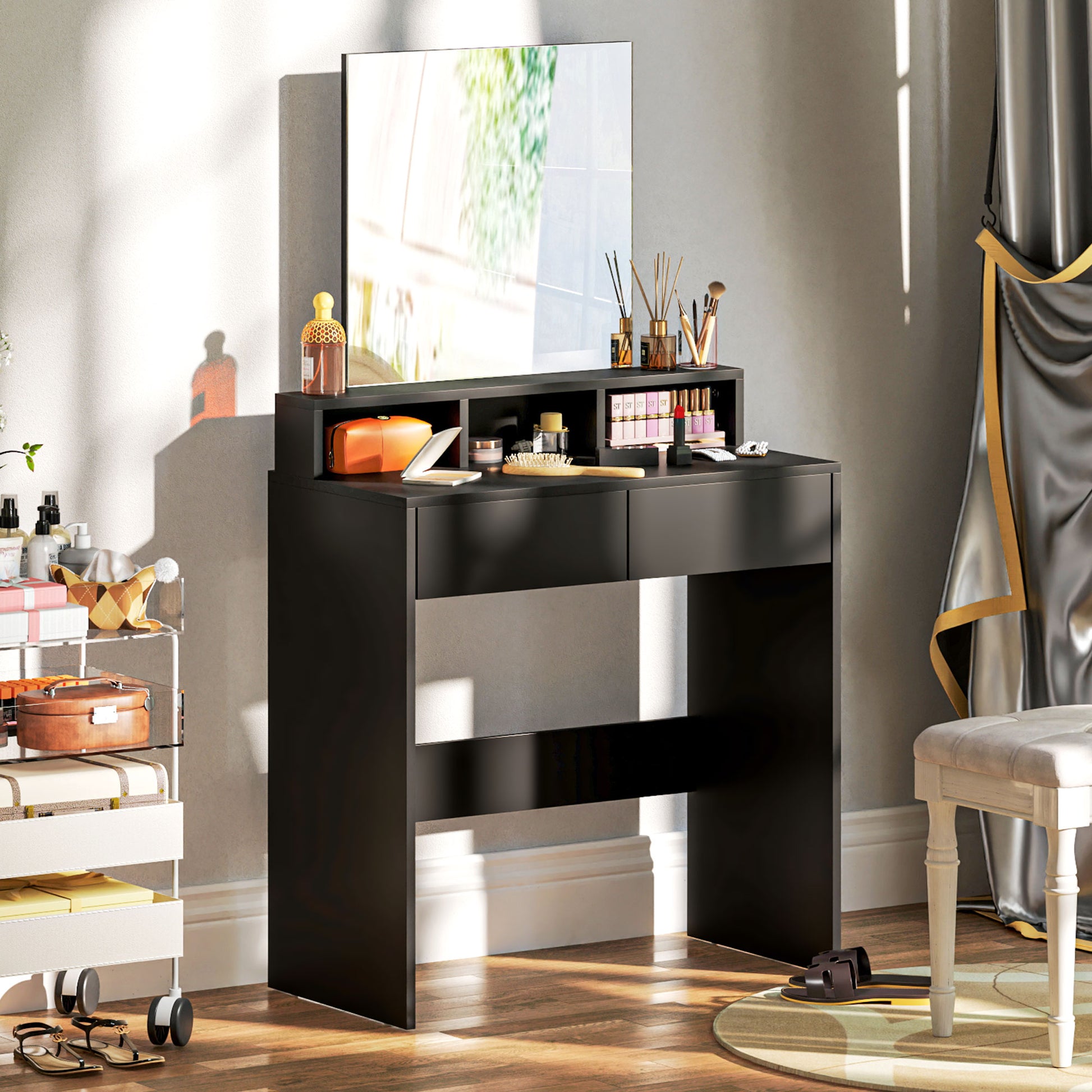 Makeup Vanity Desk with Mirror, for Bedroom, Modern Dressing Table with Drawers, Compartments, Black Dressing & Vanity Tables   at Gallery Canada