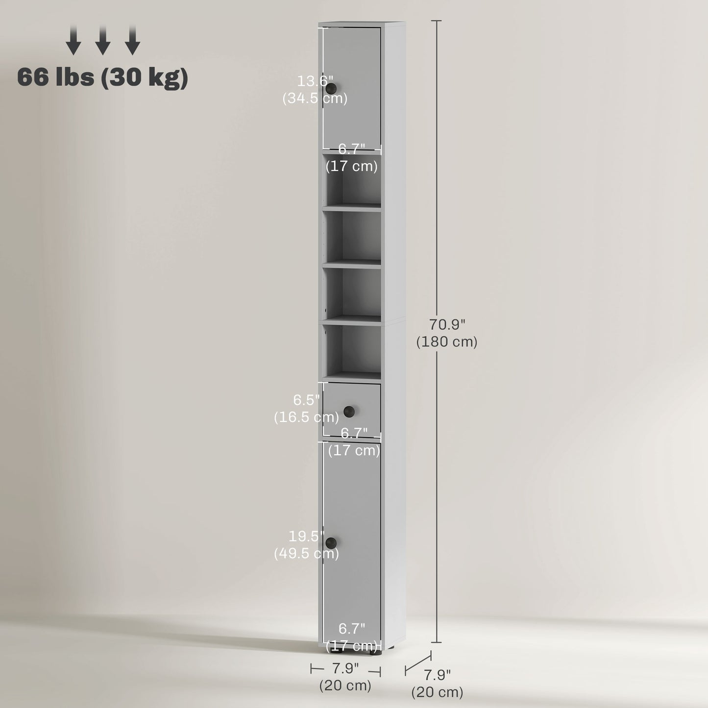 71" Tall Bathroom Cabinet, Narrow Toilet Paper Cabinet with Open Shelves, 2 Door Cabinets, Adjustable Shelves, Grey Bathroom Cabinets   at Gallery Canada