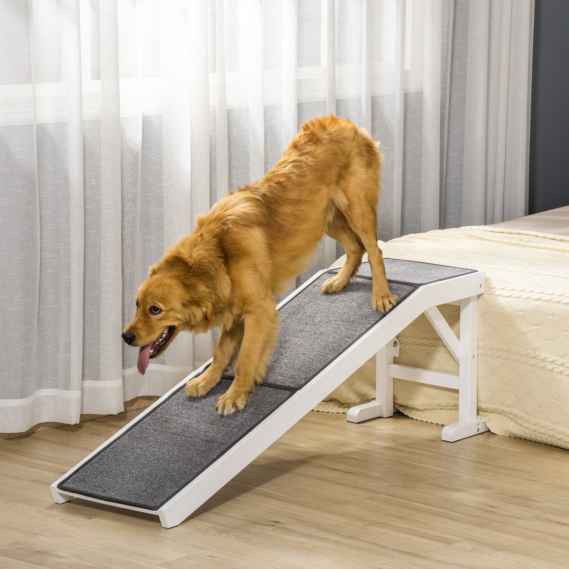 Pet Ramp Bed Steps for Dogs Cats Non-slip Carpet Top Platform Pine Wood 59"L x 16"W x 20"H White Grey Dog Stairs   at Gallery Canada