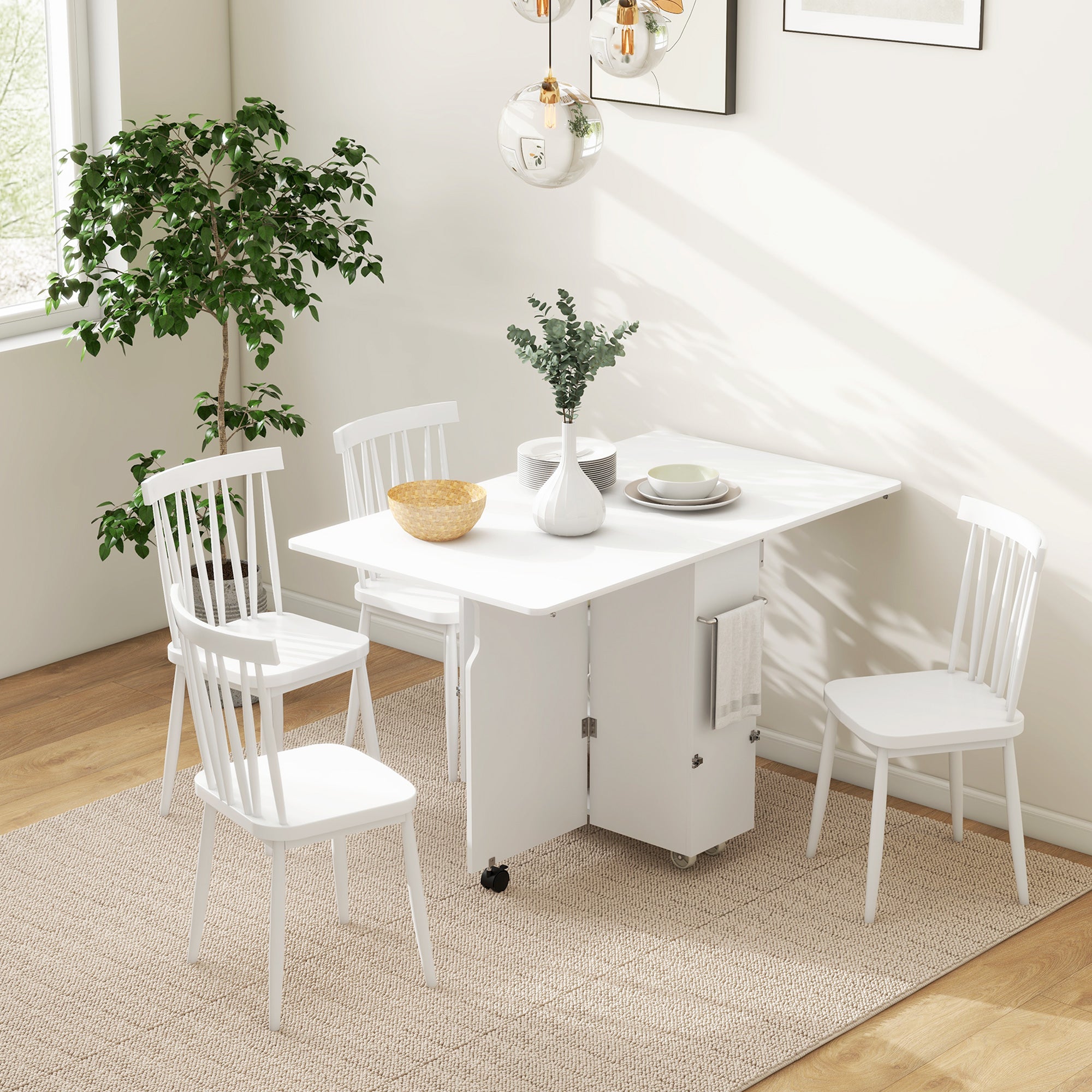 Folding Dining Table with Storage, Drop Leaf Kitchen Table on Wheels with Box, Shelves and Towel Racks, White Bar Tables & Dining Tables White  at Gallery Canada