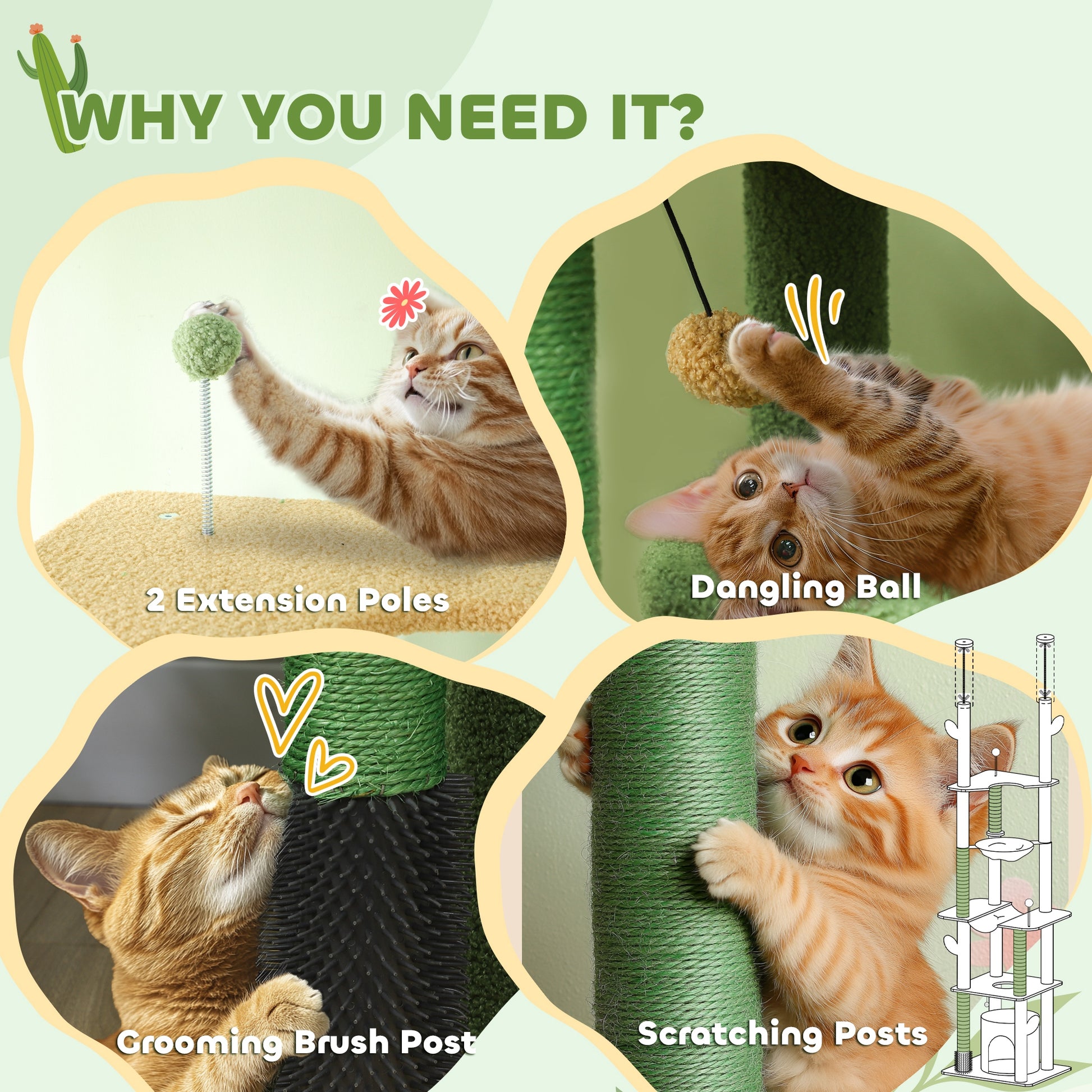 89"-100" Floor to Ceiling Cat Tree Cat Tower for Large Cats w/ Scratching Posts, Grooming Brush Post, Cat Condo, Green Floor to Ceiling Cat Trees   at Gallery Canada