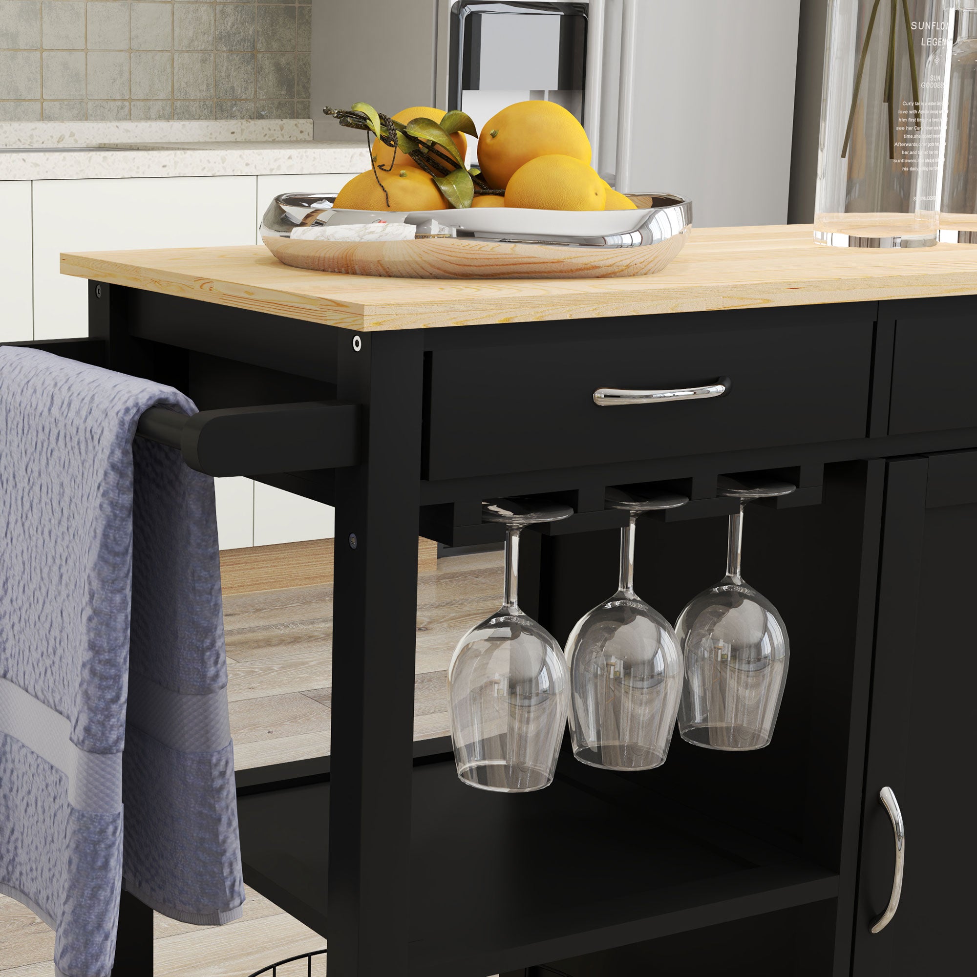 Kitchen Storage Trolley Cart Serving Cart 2 Drawers Wine Glass Rack Towel Rail Kitchen Islands & Kitchen Carts at Gallery Canada