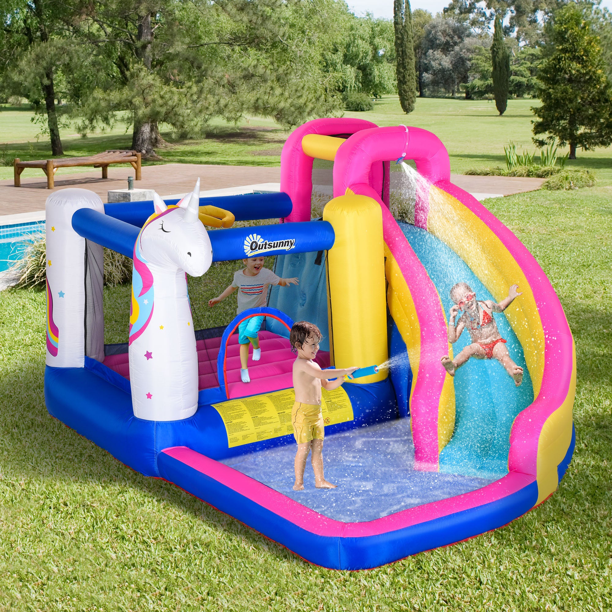 Kids 5 in 1 Inflatable Bounce Castle House, Trampoline Water Slide Pool Climbing Wall with Inflator for Kids Age 3-12 Summer 12.4' x 10.5' x 6.9' - Multi-color Inflatables at Gallery Canada